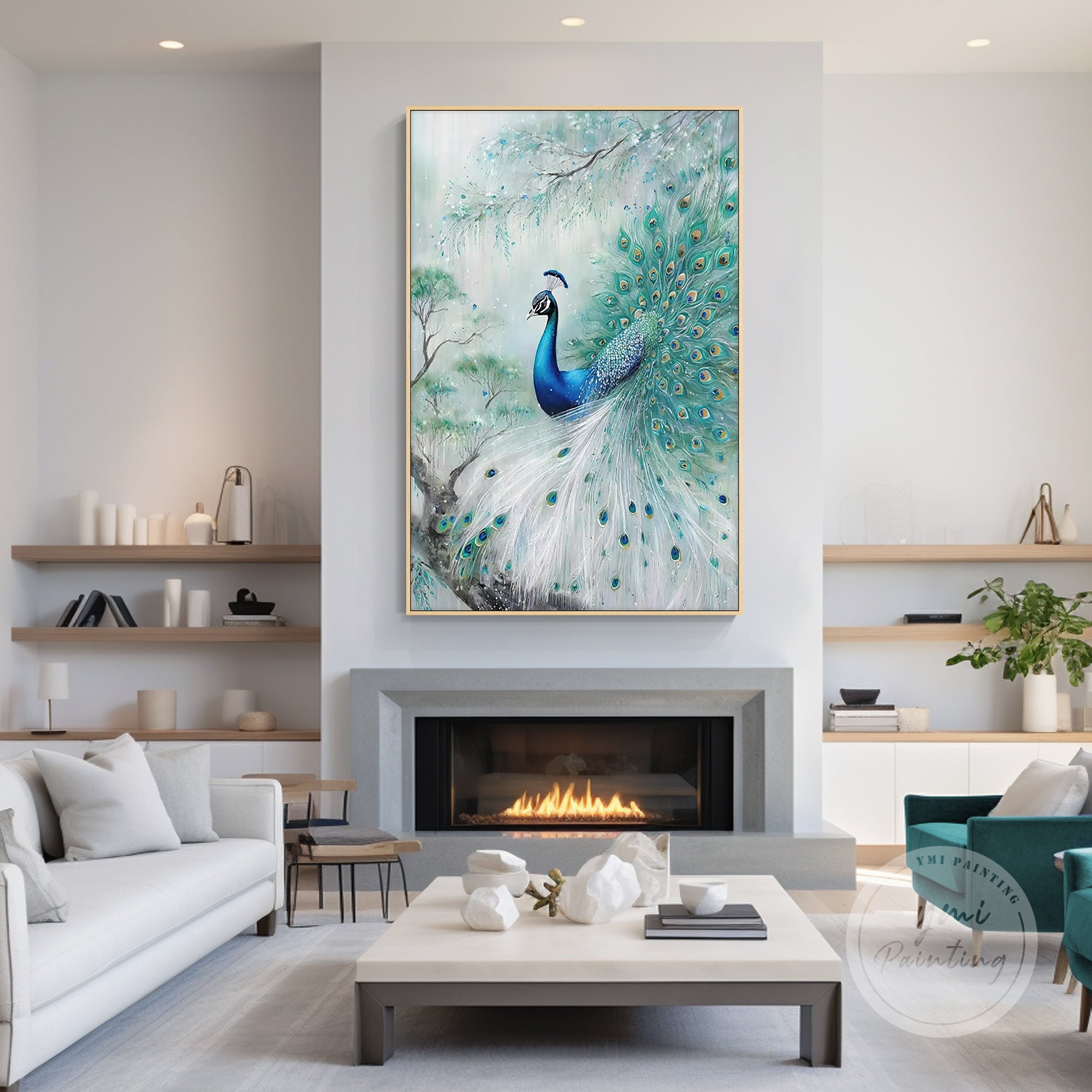 Luxury turquoise peacock oil painting with elegant aqua tones, ideal for gifting to art lovers, perfect for decorating upscale lobbies or living rooms.