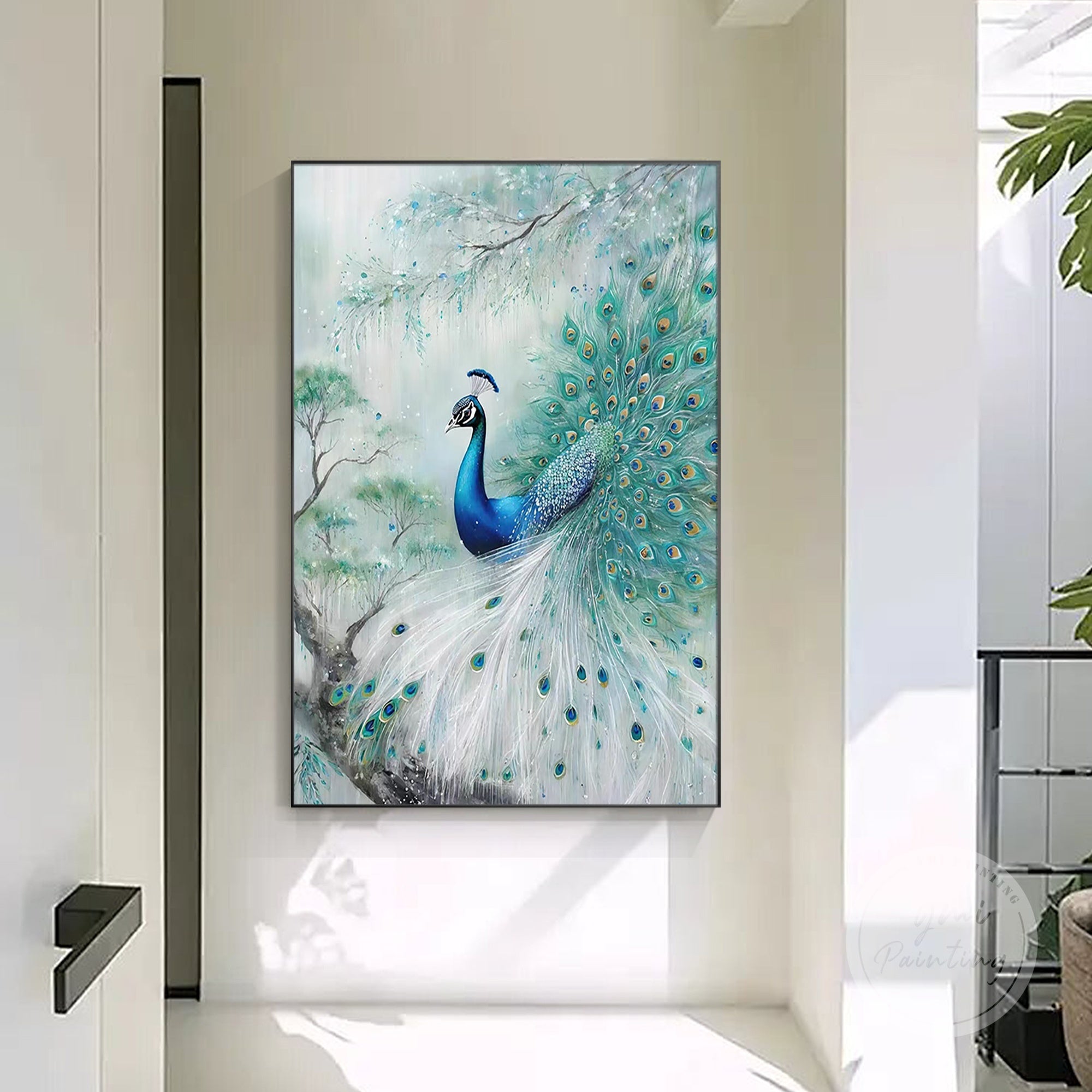 Glamorous peacock wall art in stunning turquoise and aqua, perfect gift for newlyweds, ideal for creating a dramatic focal point in a luxurious hallway.