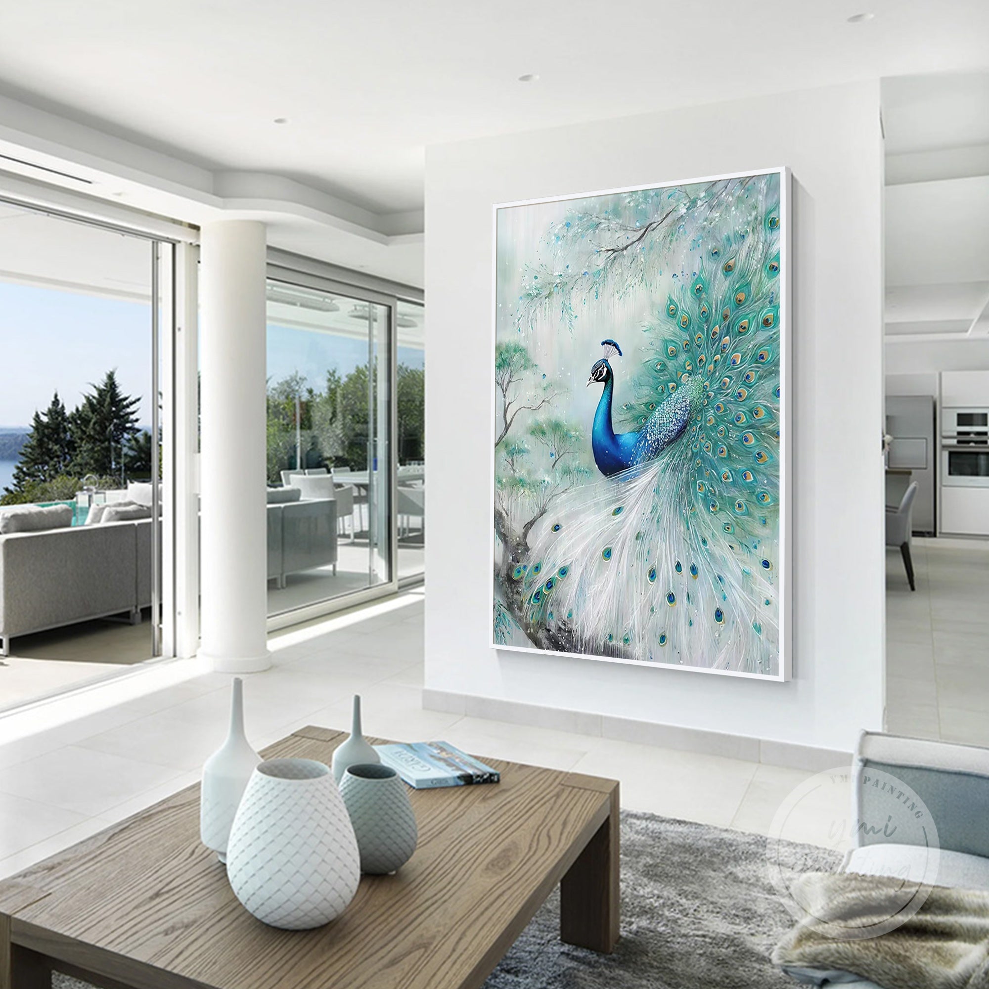 Elegant peacock artwork in turquoise, an exquisite gift for housewarming, beautifully suited for large living rooms or grand entryways.