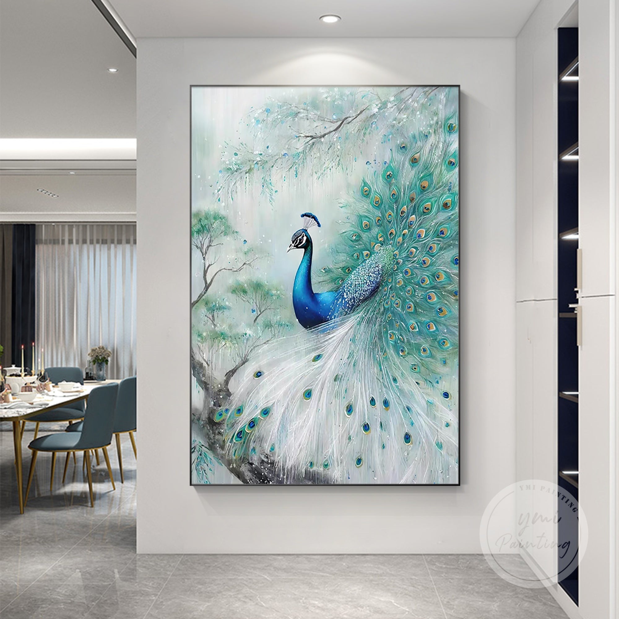 Sophisticated aqua peacock painting, a luxurious gift for art collectors, perfect for enhancing modern or glamorous interiors.