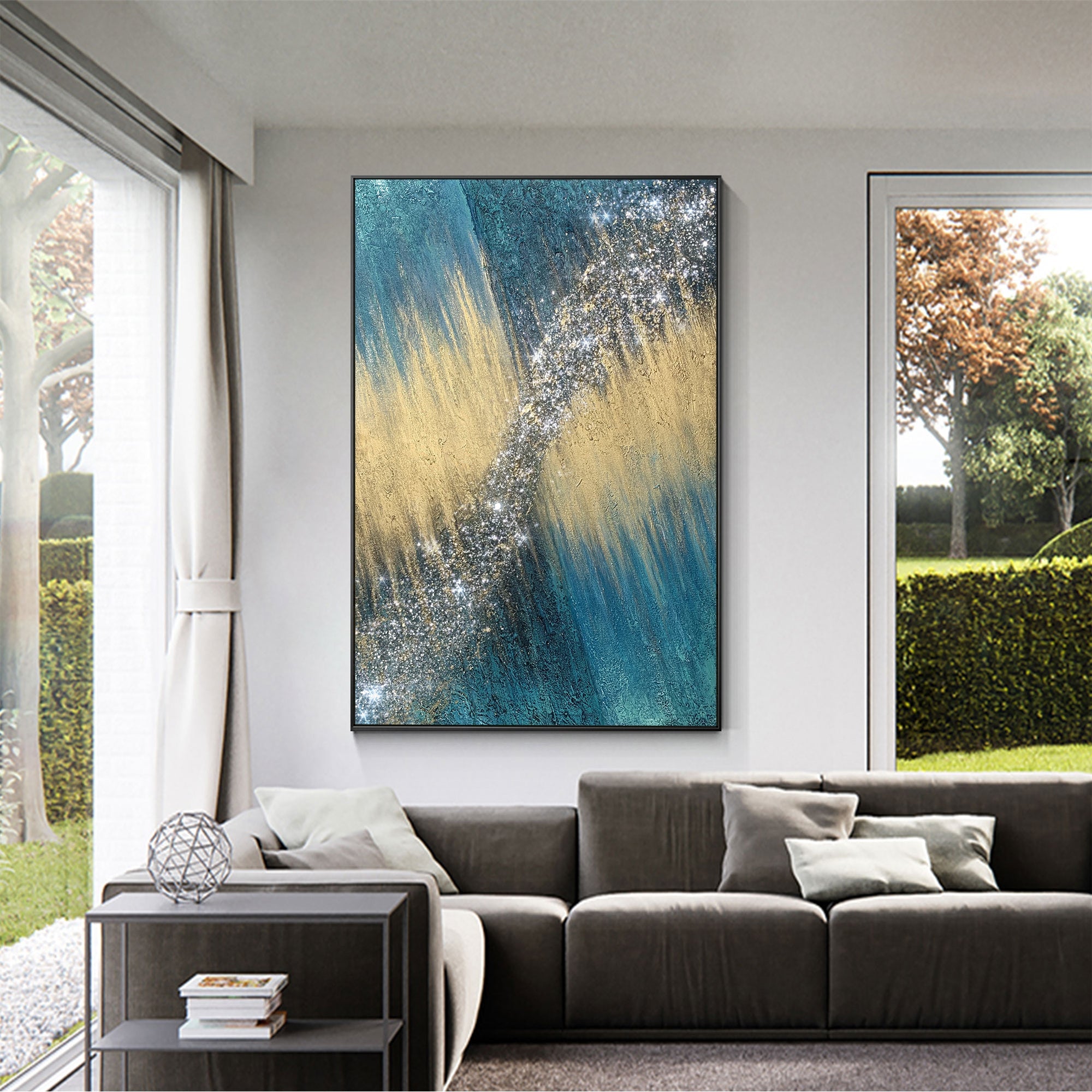 Textured abstract painting featuring teal and gold tones