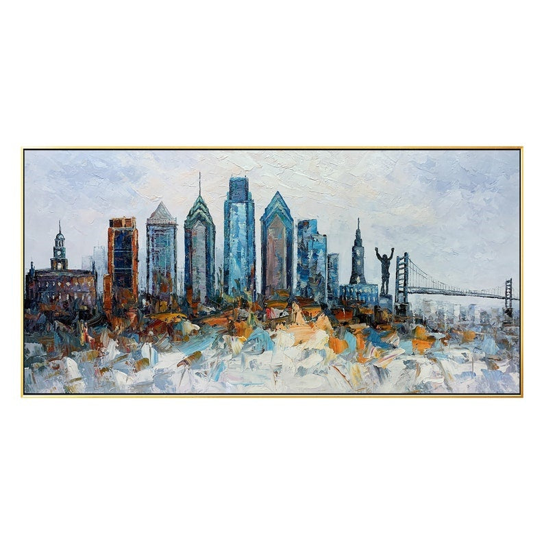 Textured Philadelphia skyline art, abstract cityscape oil painting perfect for modern decor.