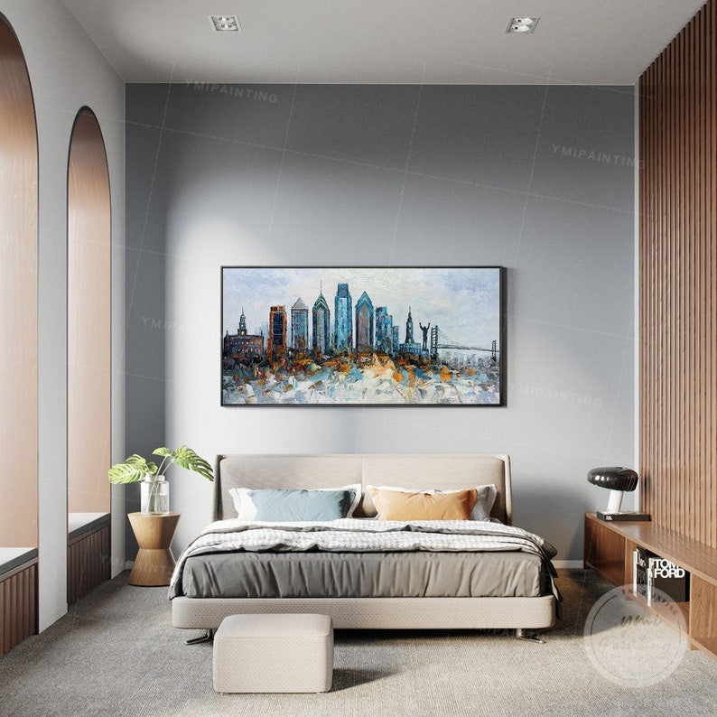Original Philadelphia skyline painting, featuring textured brushstrokes and abstract design.