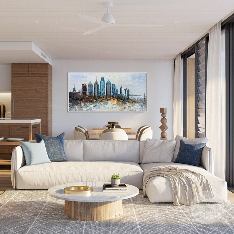 Philadelphia city skyline oil painting with expressive palette knife texture, capturing the energy of the city.