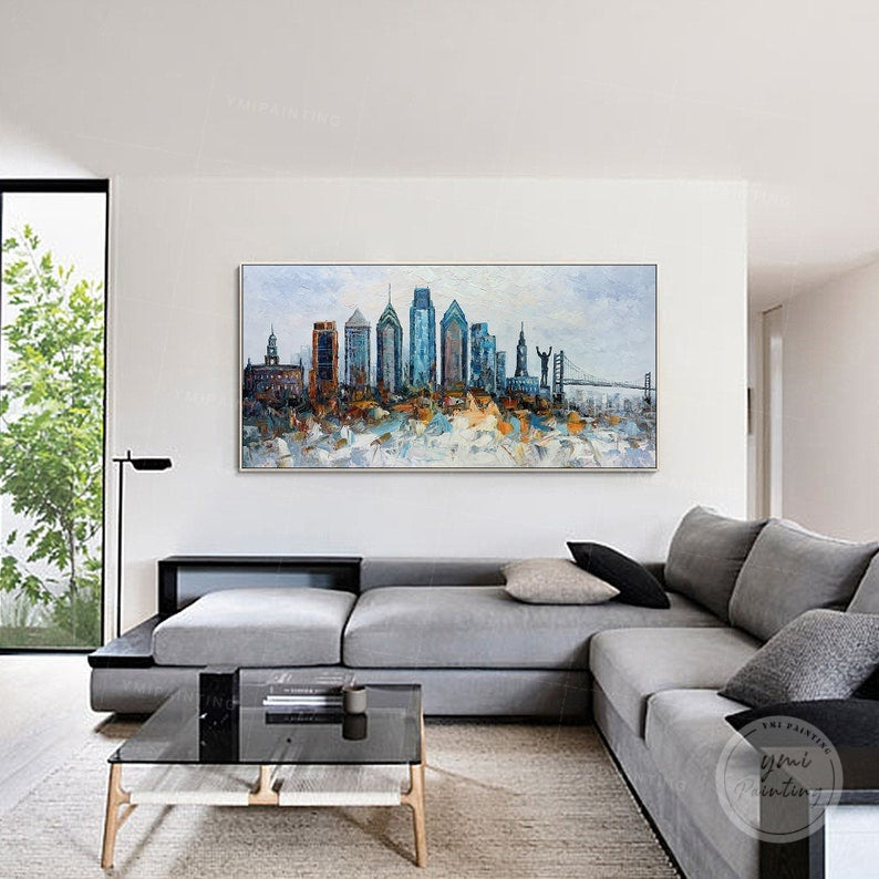 Hand-painted Philadelphia cityscape, featuring abstract strokes and textured palette knife technique.