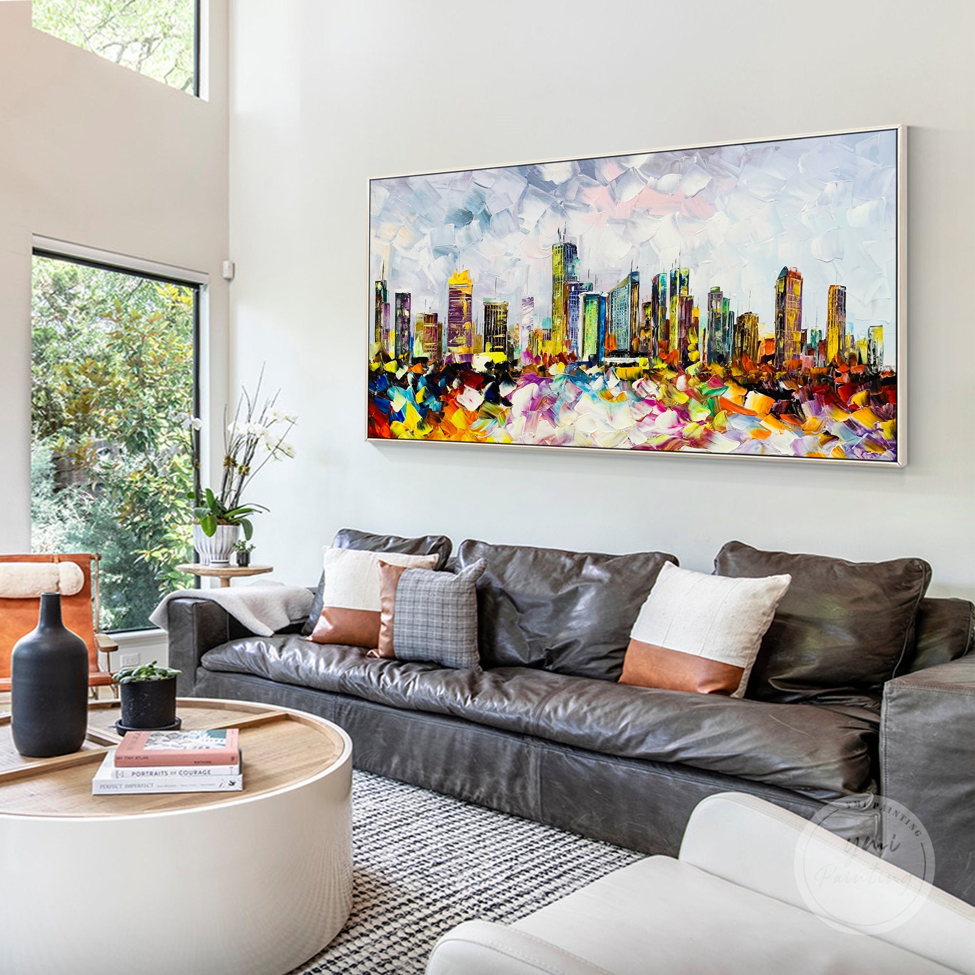 Original palette knife acrylic painting of Philadelphia skyline, showcasing dramatic texture and colors.