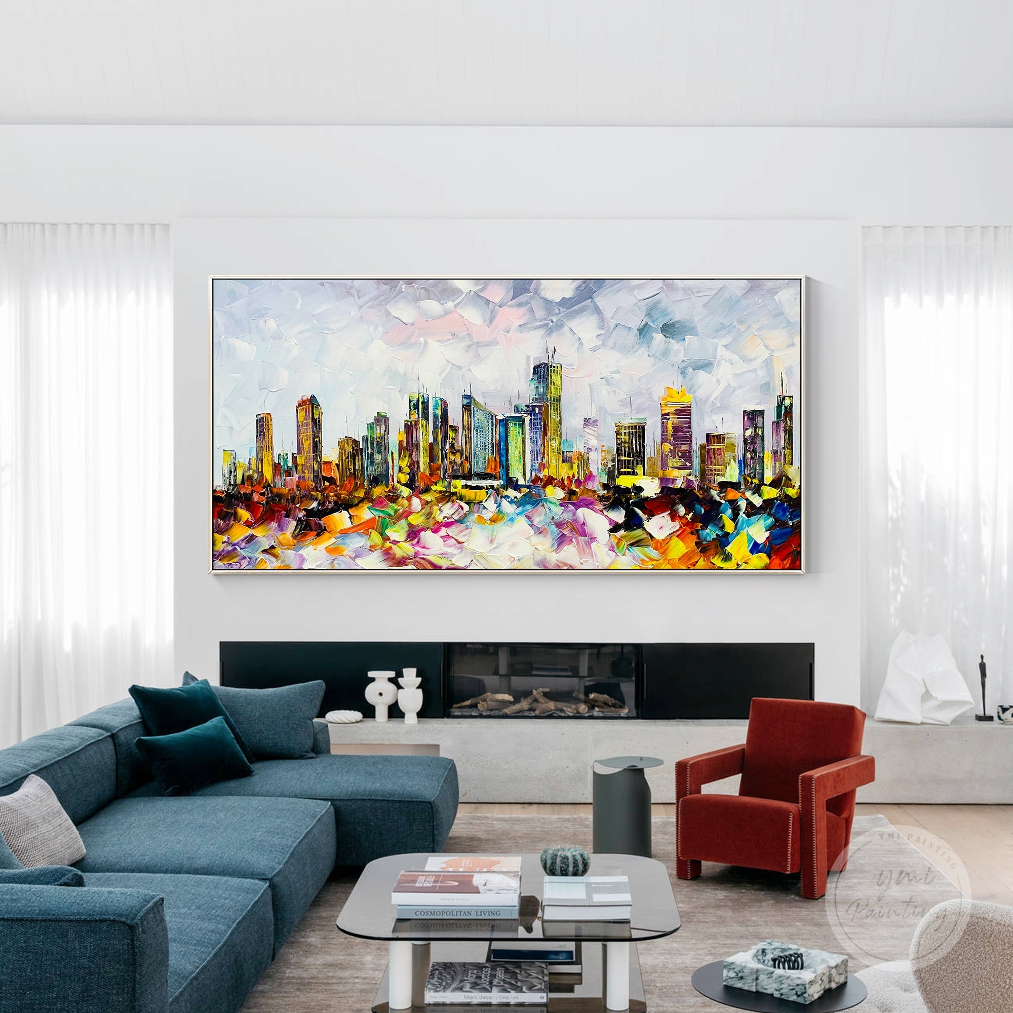 Philadelphia city skyline painting, abstract acrylic art on canvas with bold palette knife strokes.
