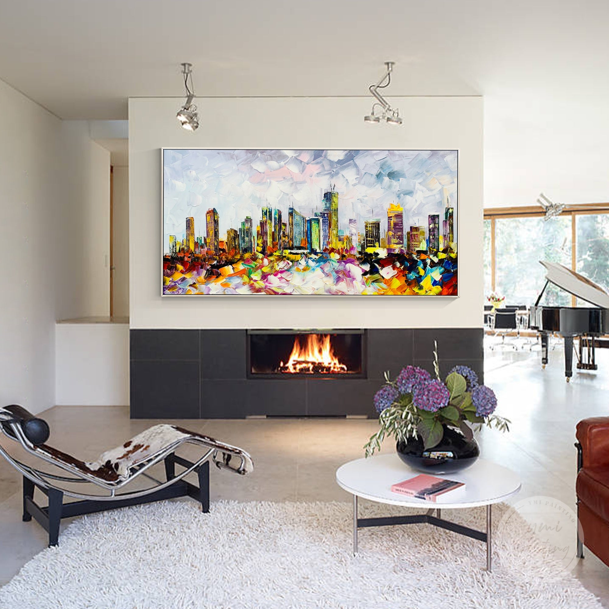 Hand-painted Philadelphia cityscape, featuring dynamic acrylic palette knife strokes and vivid colors.