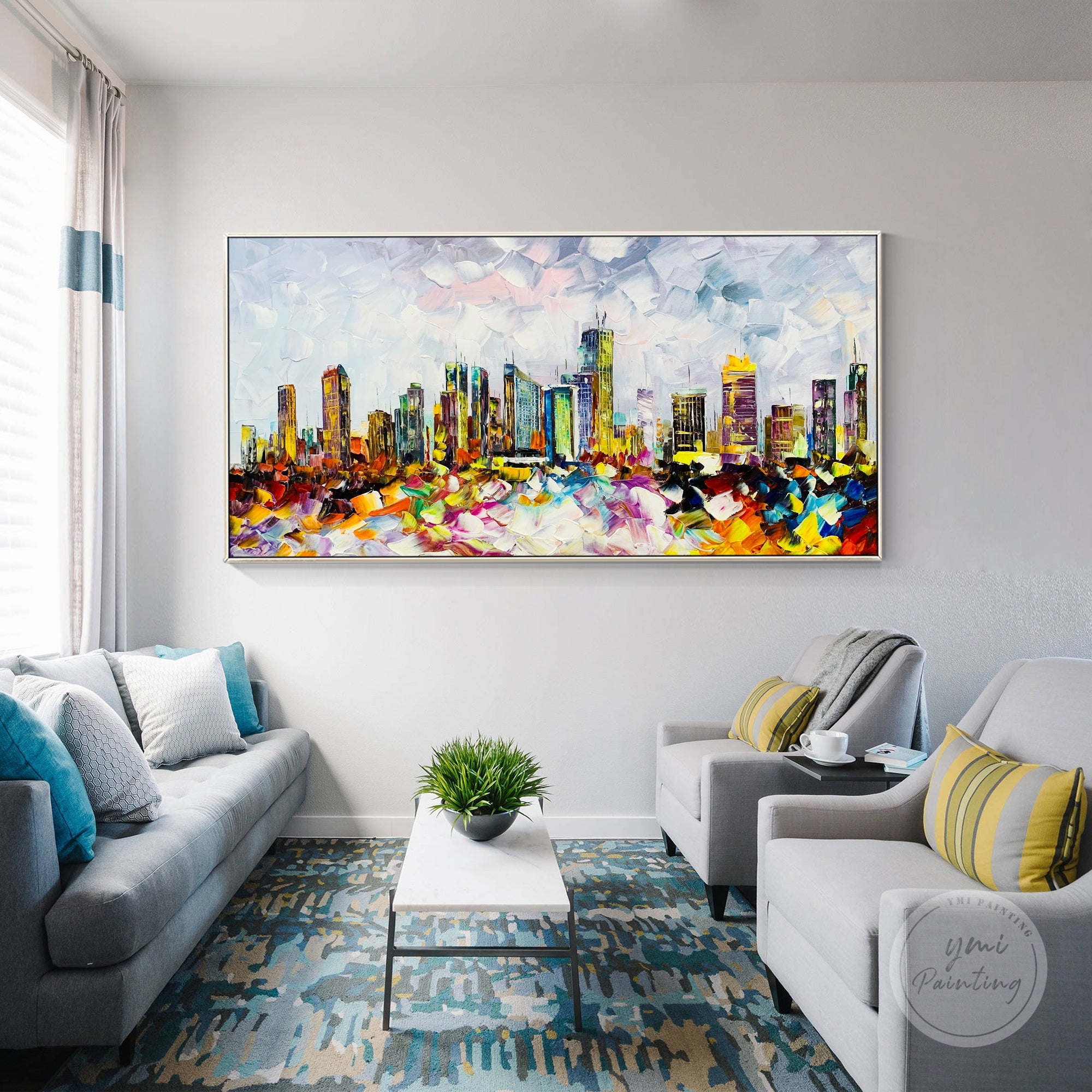 Palette knife acrylic cityscape of Philadelphia, capturing the energy of the skyline with textured strokes.