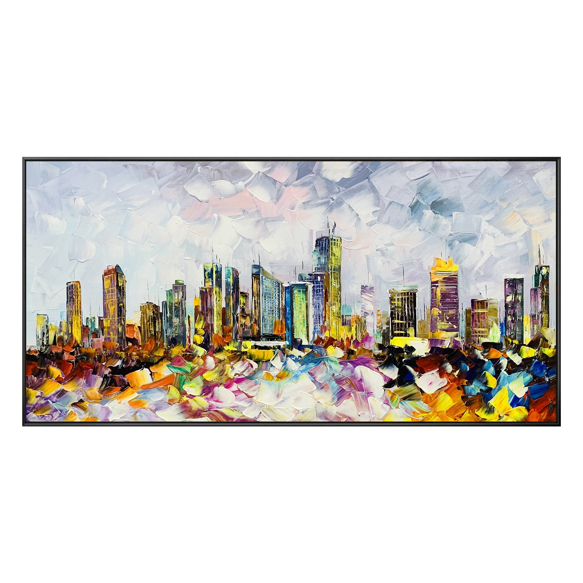 Framed Philadelphia skyline painting with textured palette knife strokes, ideal for modern decor.
