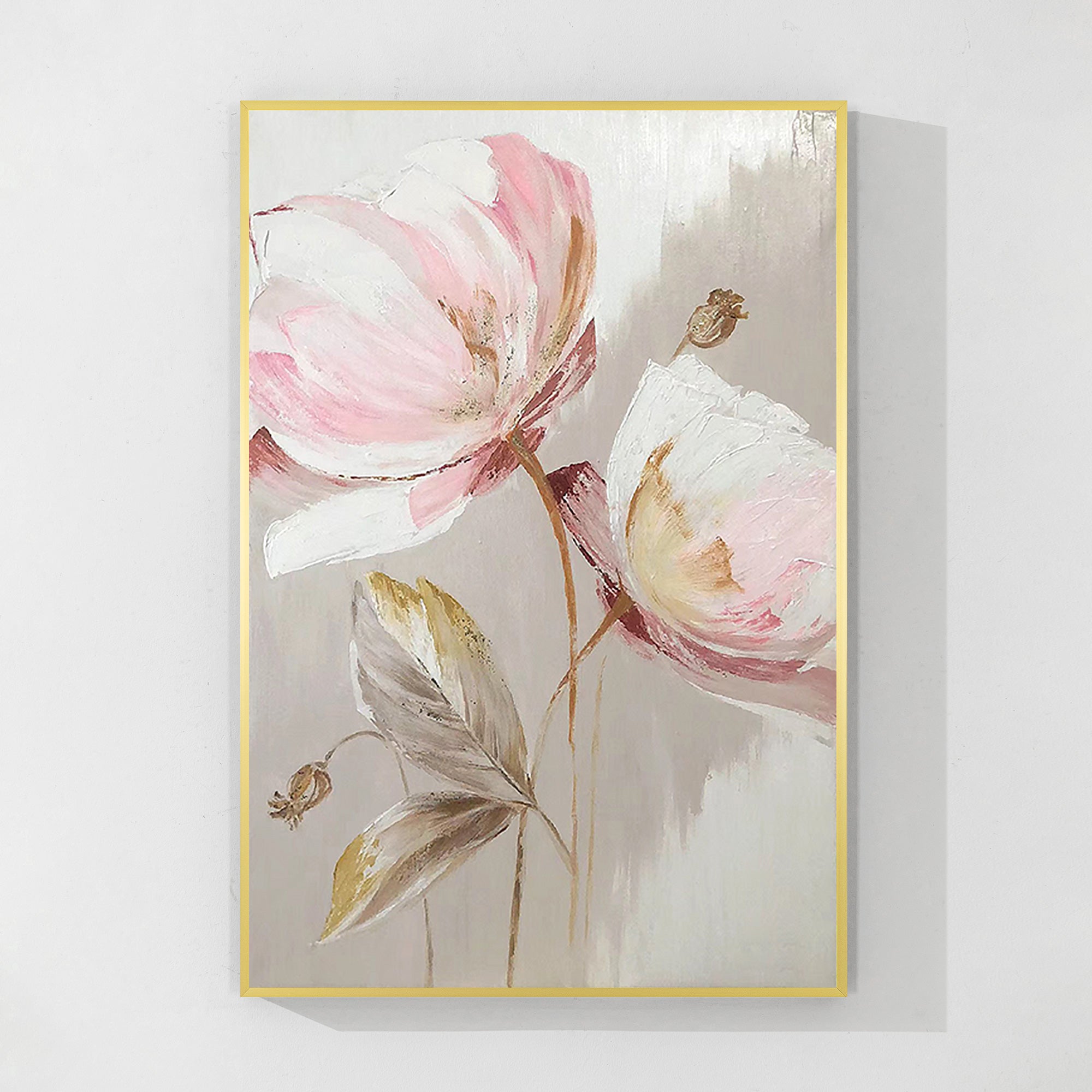 Abstract painting featuring two large pink flower buds in a contemporary style