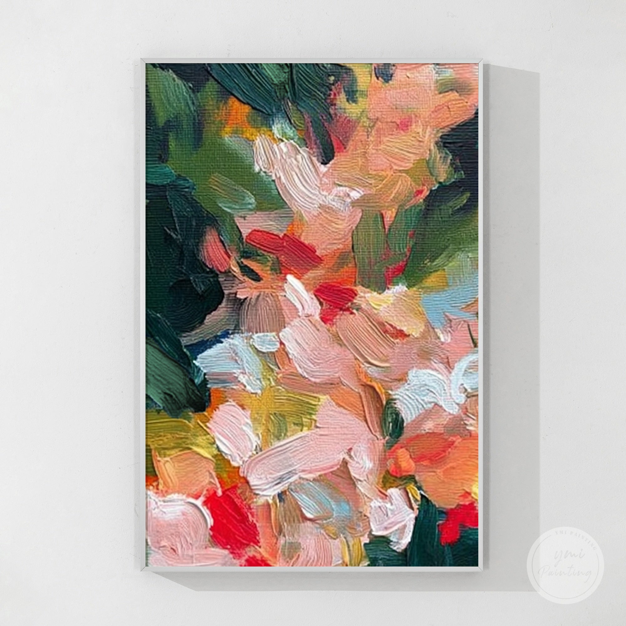 Hand-painted abstract flowers in red green cream colors