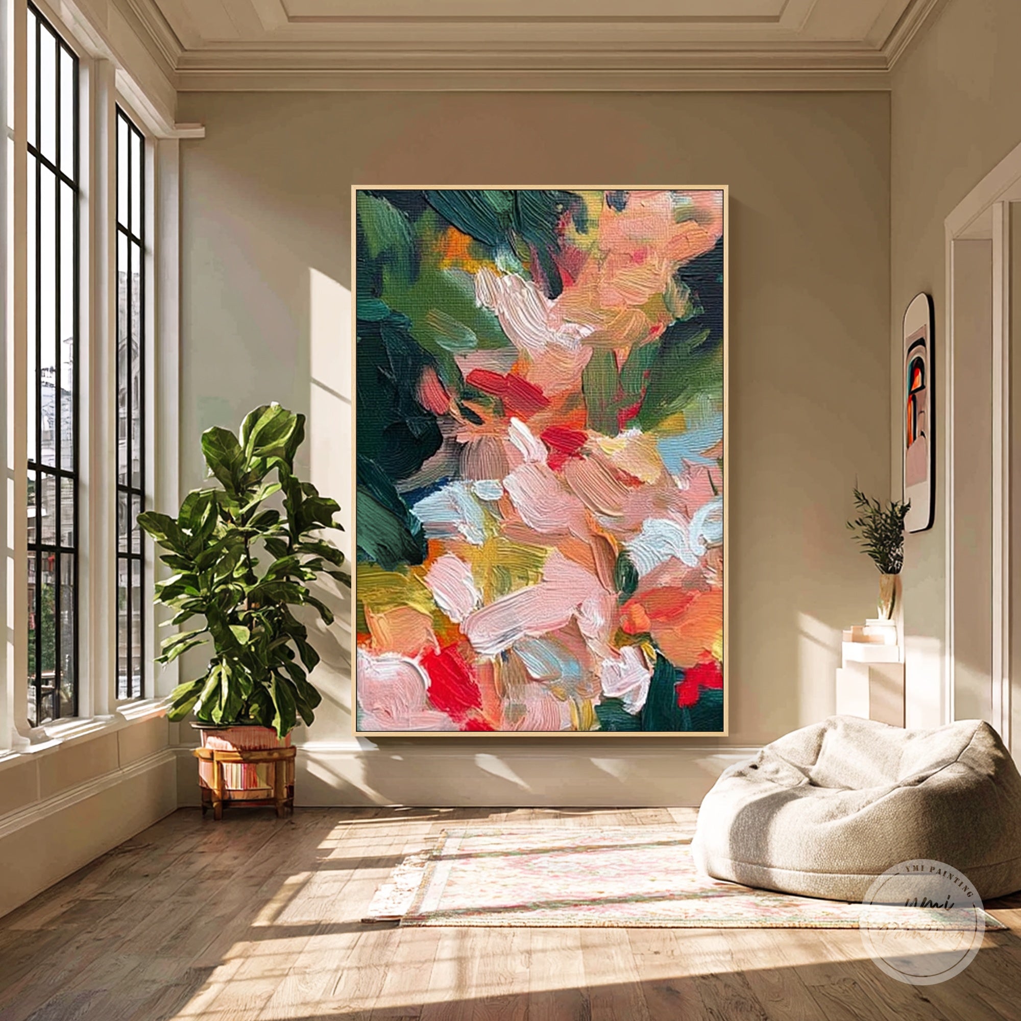 Contemporary floral canvas art in green and warm tones