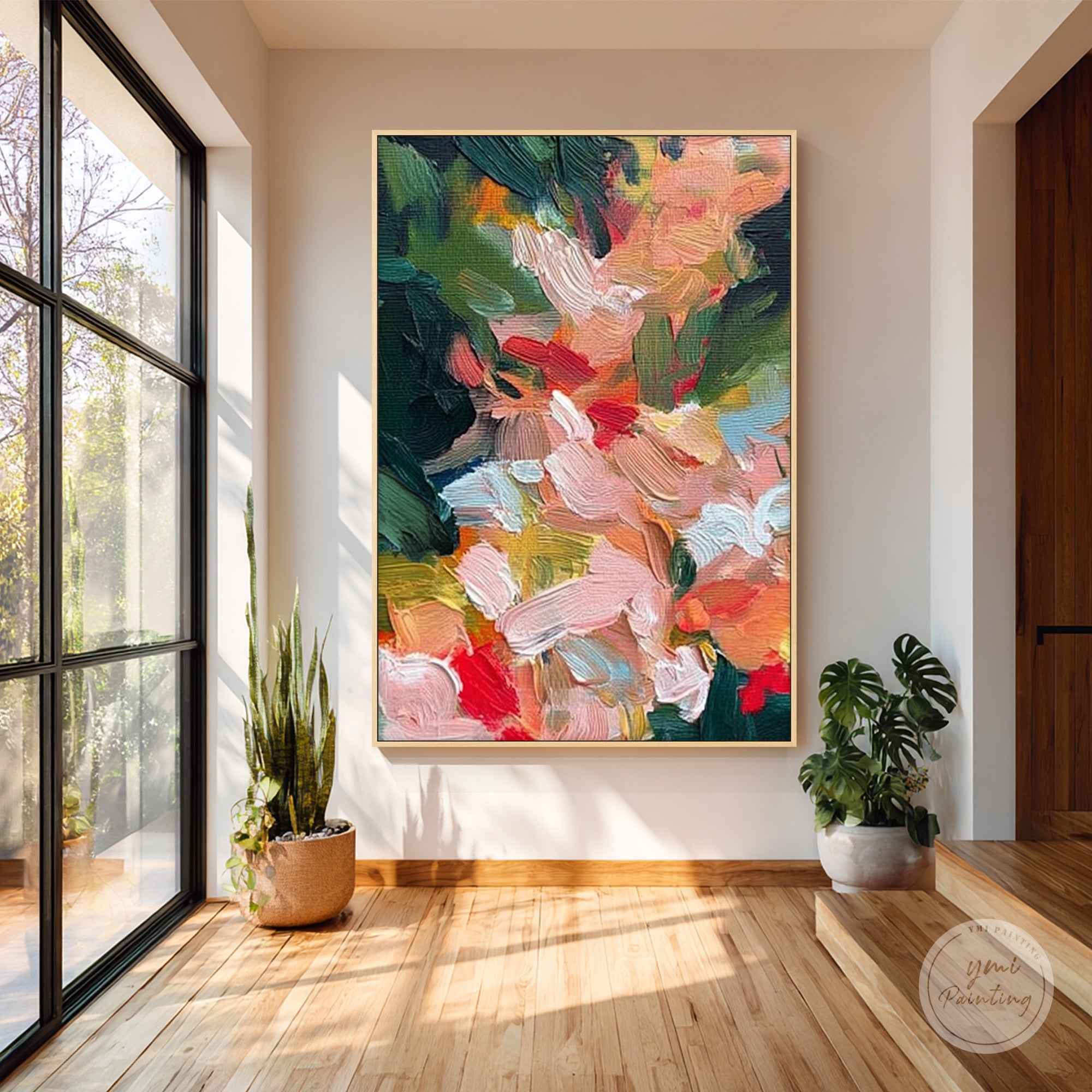 Close-up impasto floral artwork with soft pink accents