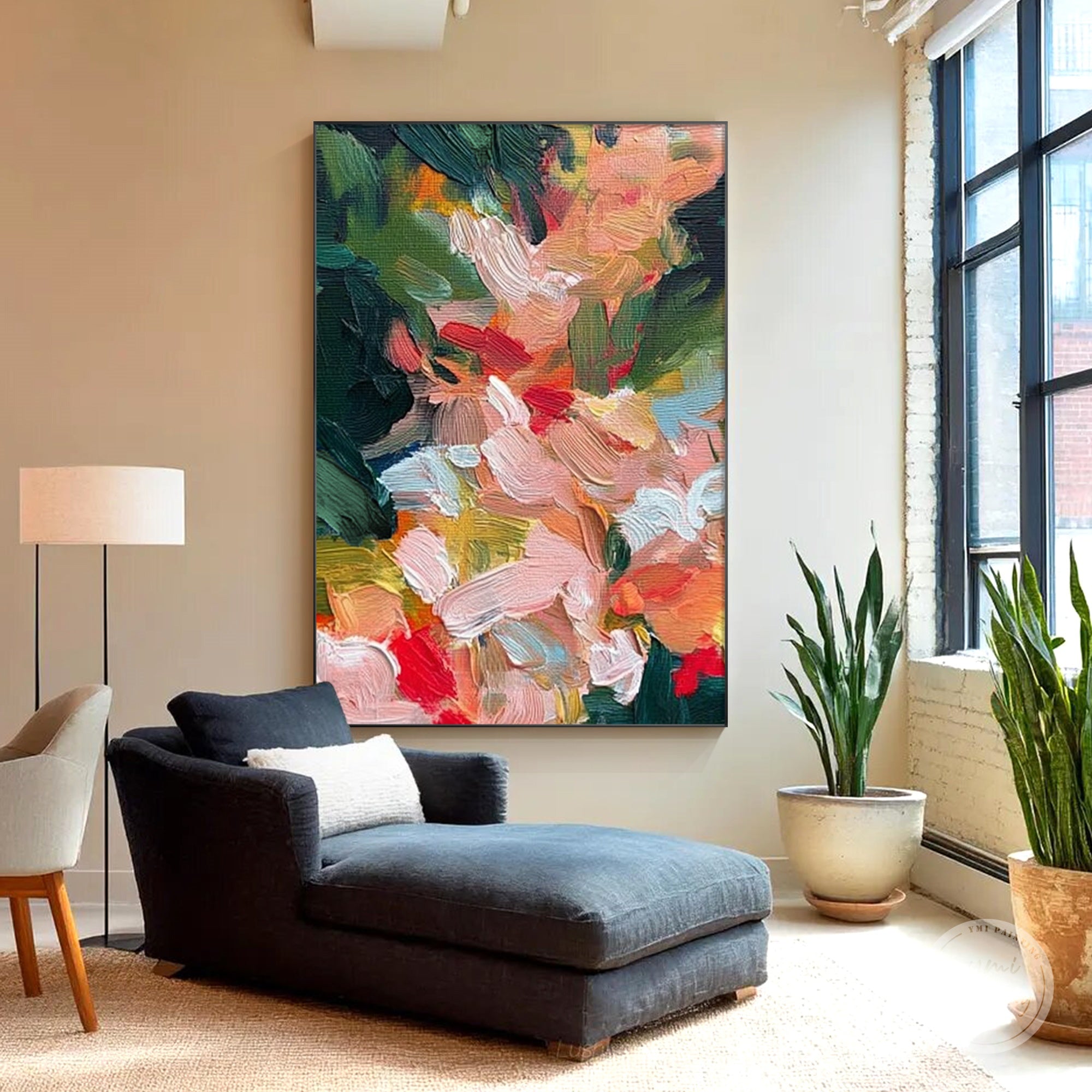 Modern botanical style acrylic painting with layered texture