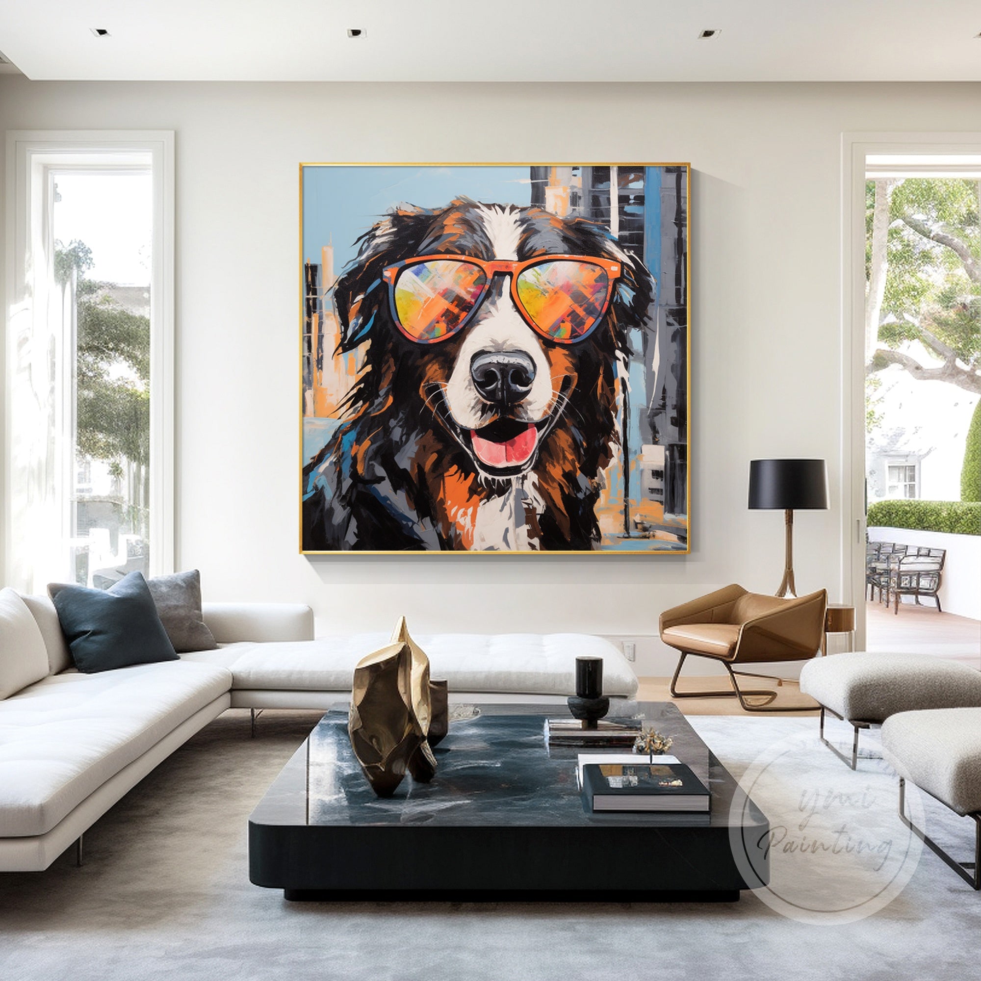 This vibrant painting of a cheerful dog adds personality and energy to a soft, contemporary living room.