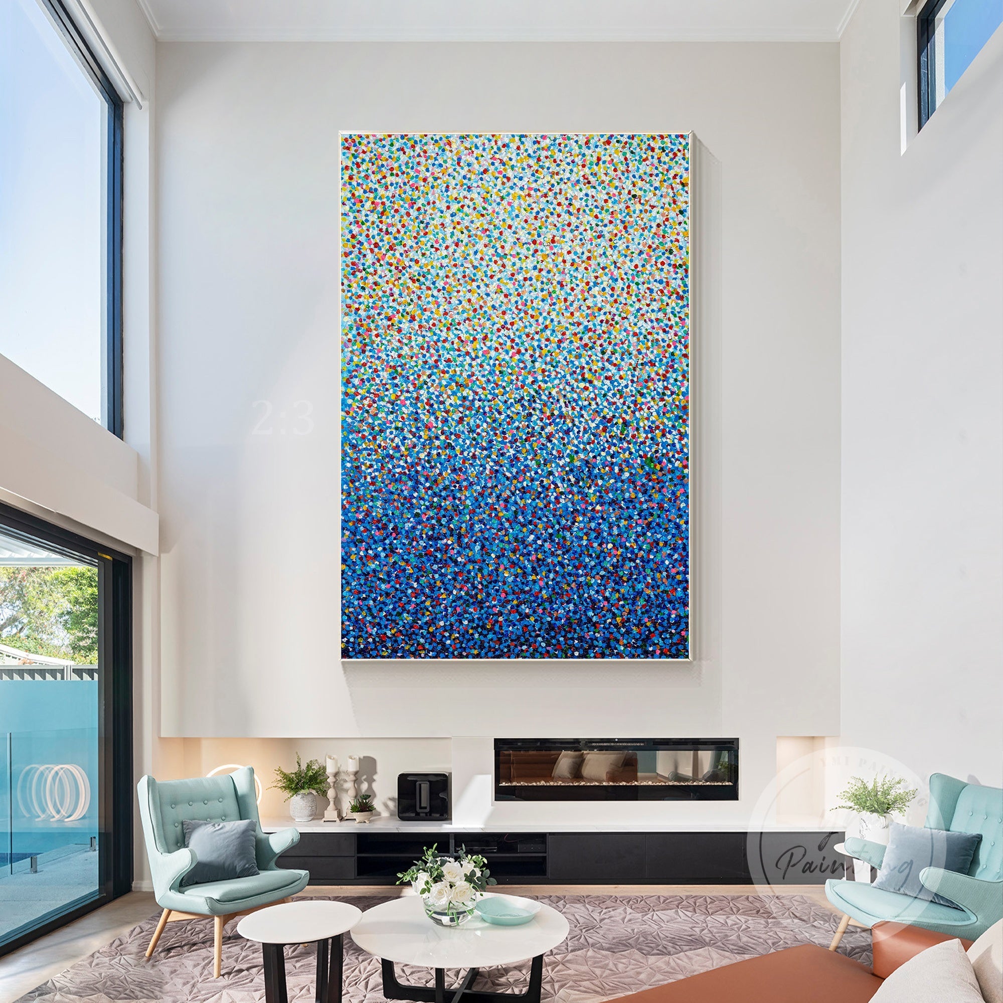 Pointillist ocean painting with colorful dots