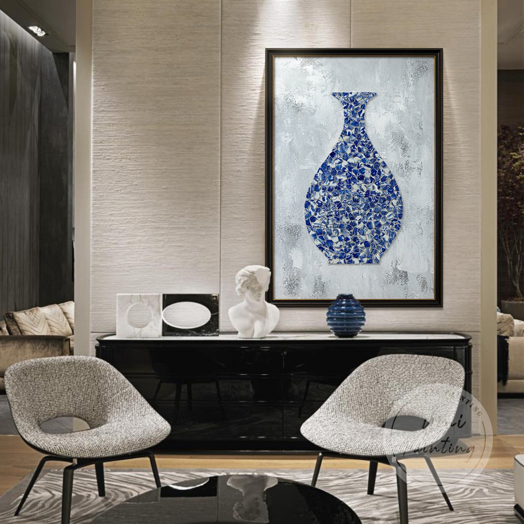 Original Blue and White Porcelain Wall Art with Vintage Frame, combining antique pottery shards into a timeless, elegant piece.