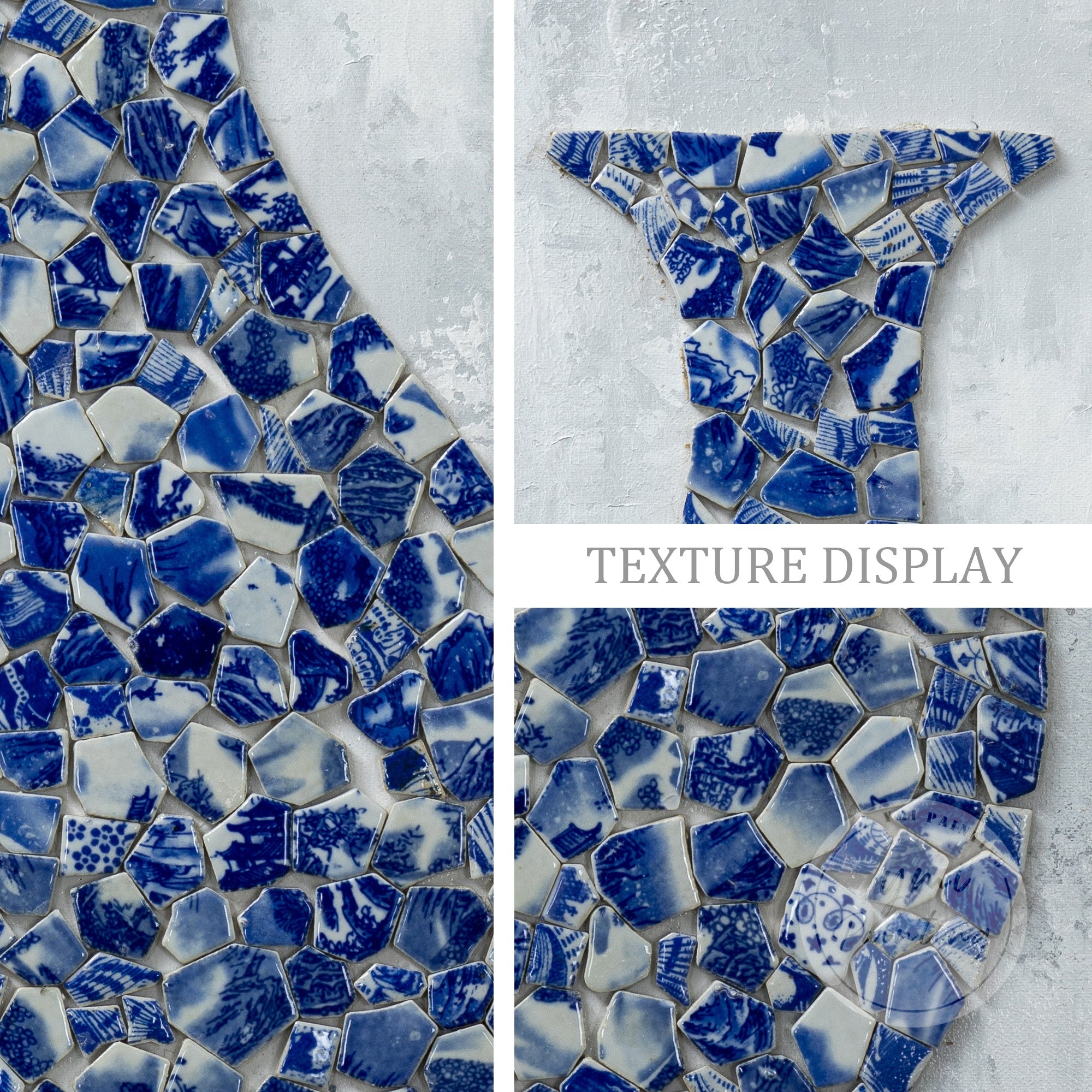 Handmade Antique Porcelain Shard Art featuring classic blue and white designs in a vintage wooden frame, perfect for office or home decor.