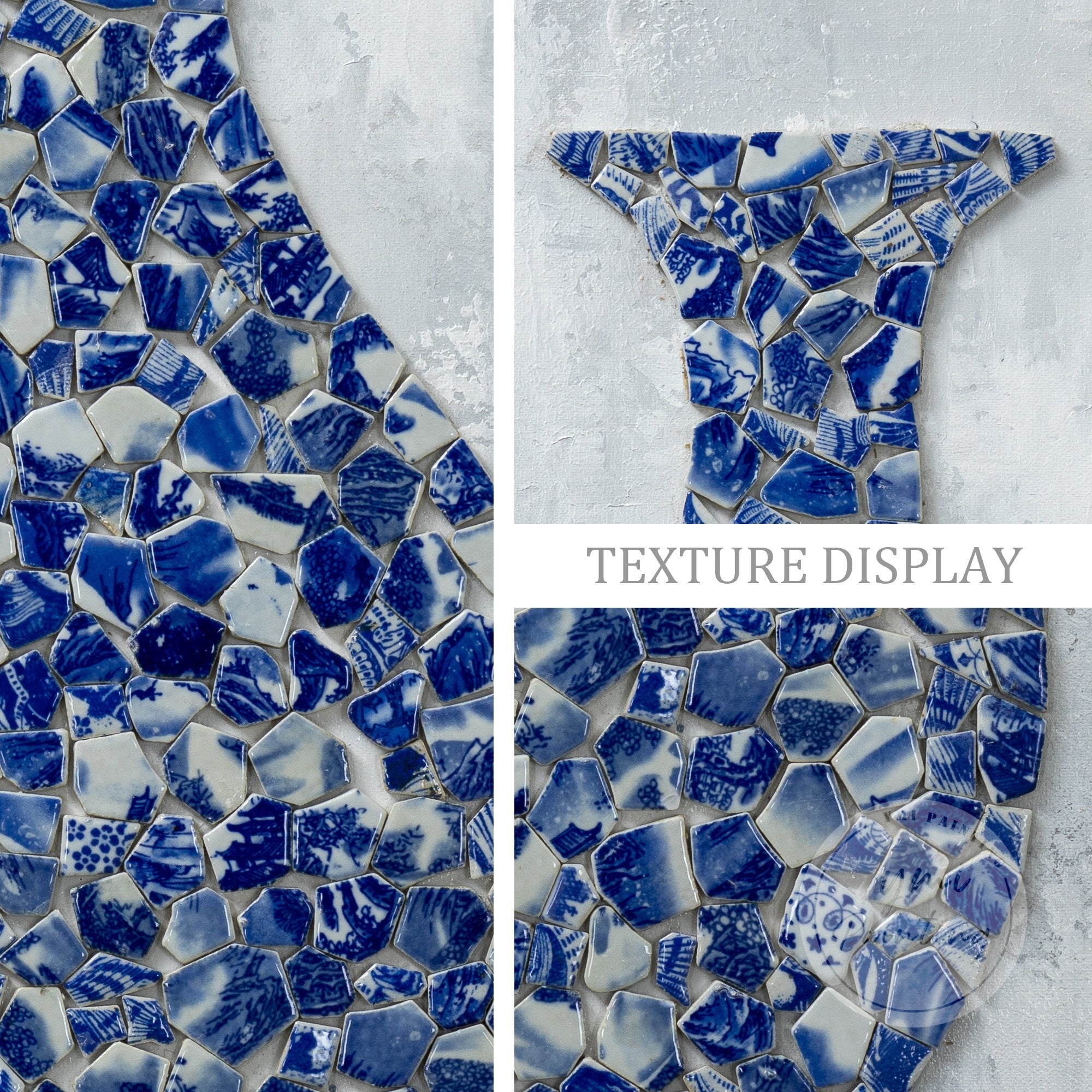 Handmade Antique Porcelain Shard Art featuring classic blue and white designs in a vintage wooden frame, perfect for office or home decor.