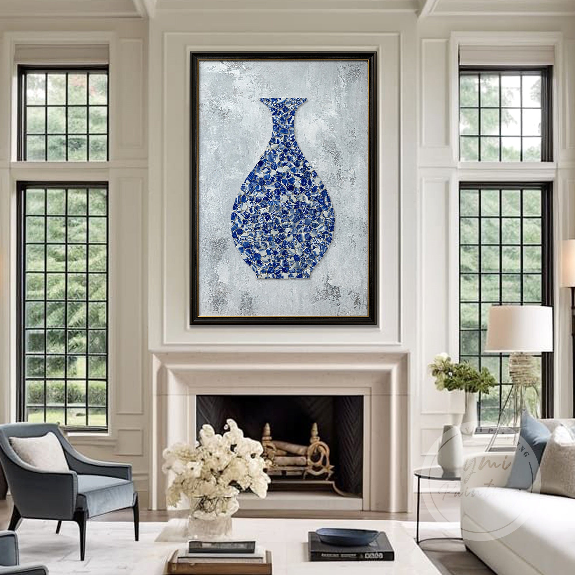 Framed Blue and White Pottery Wall Decor, blending antique elegance and modern artistry.