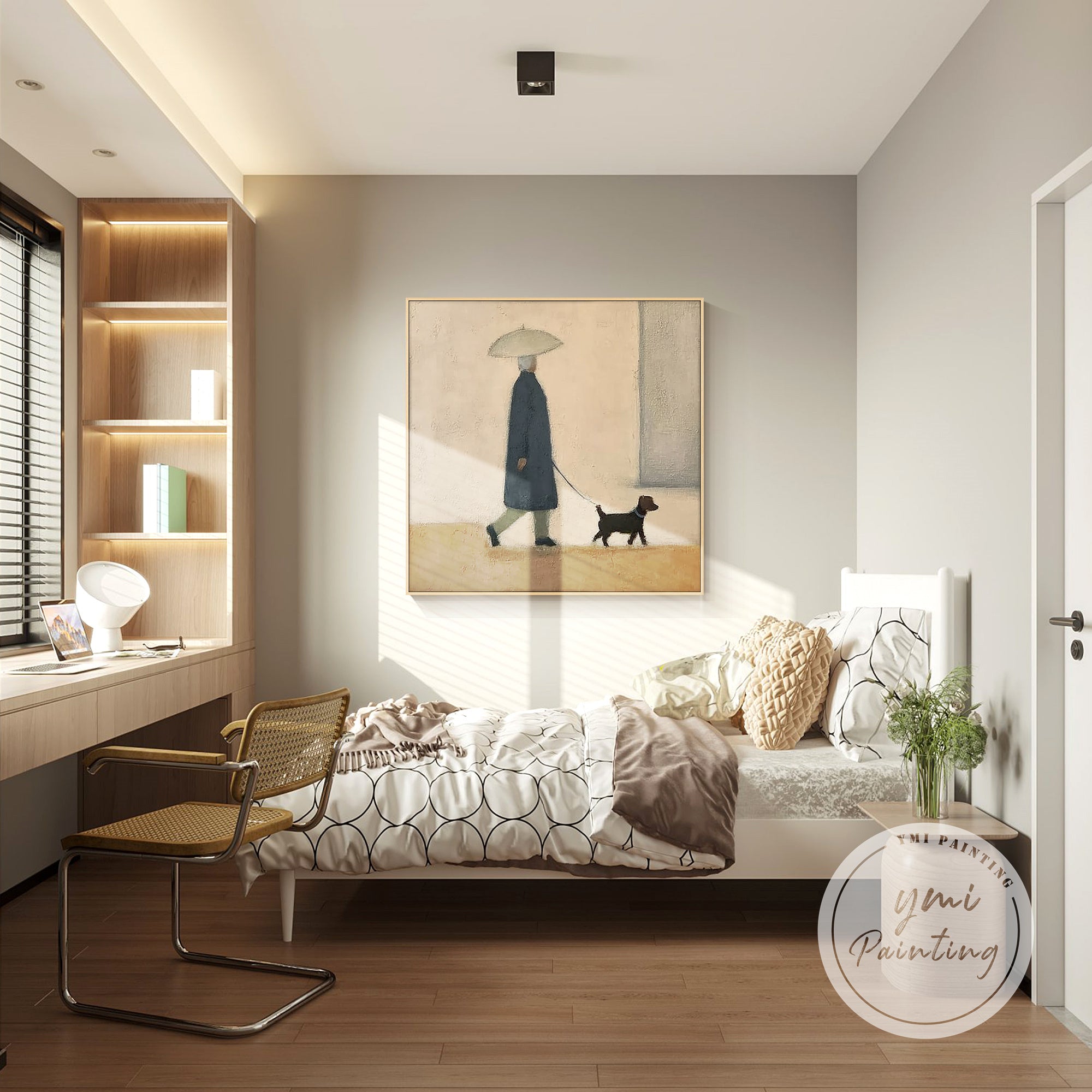 Contemporary street scene painting of a person walking a dog, suitable for home office.