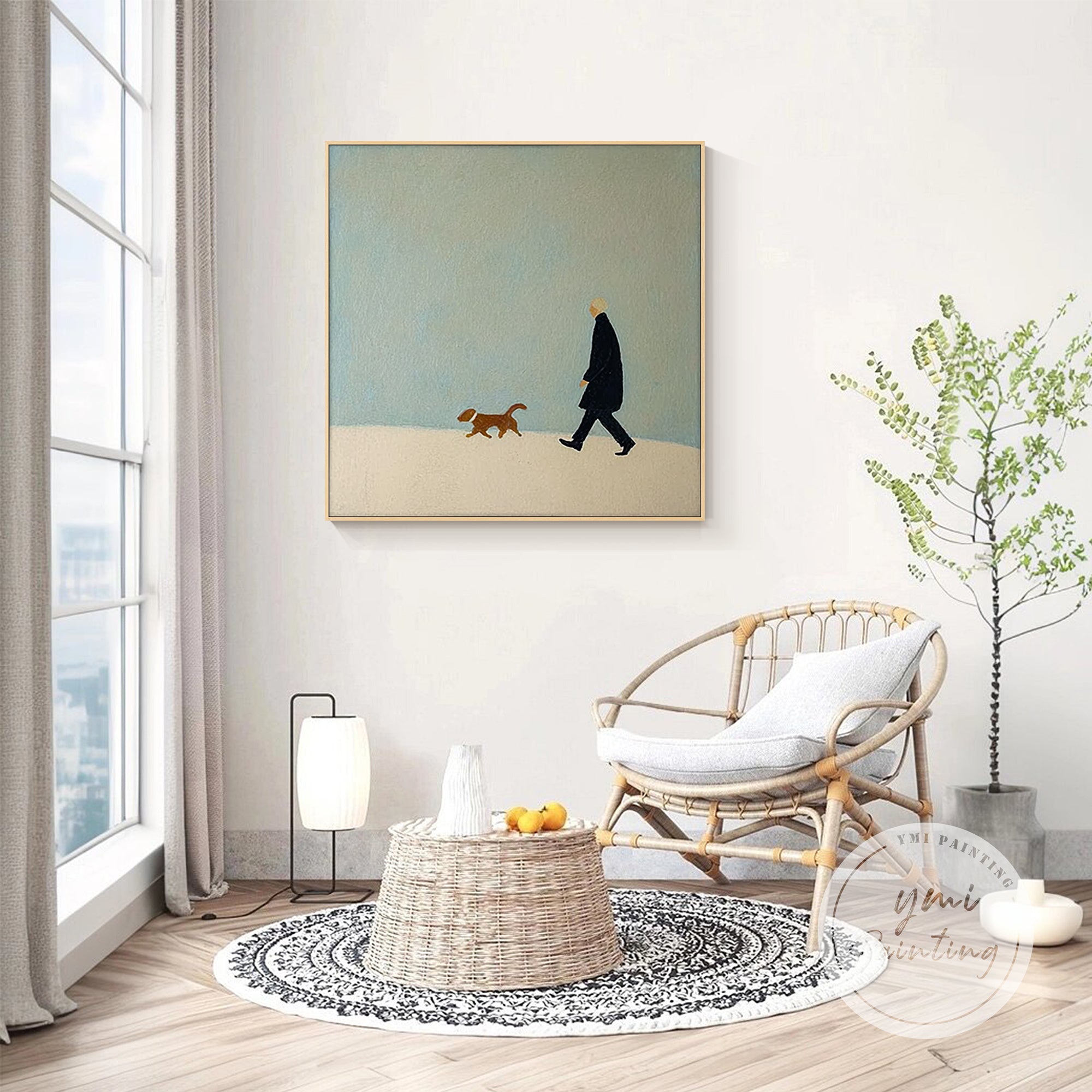 Modern painting of person with dog on a white wall.