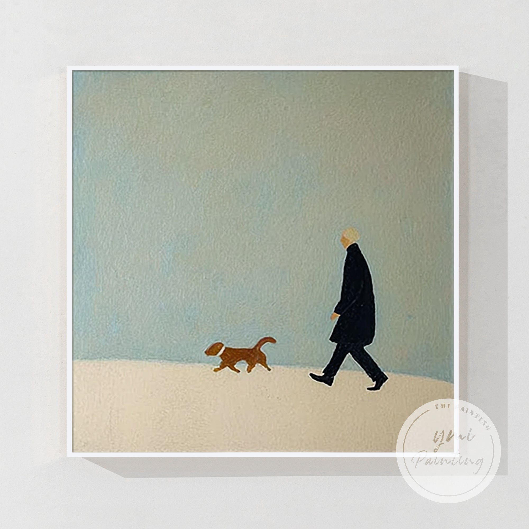 Serene walking person and dog painting for home office.