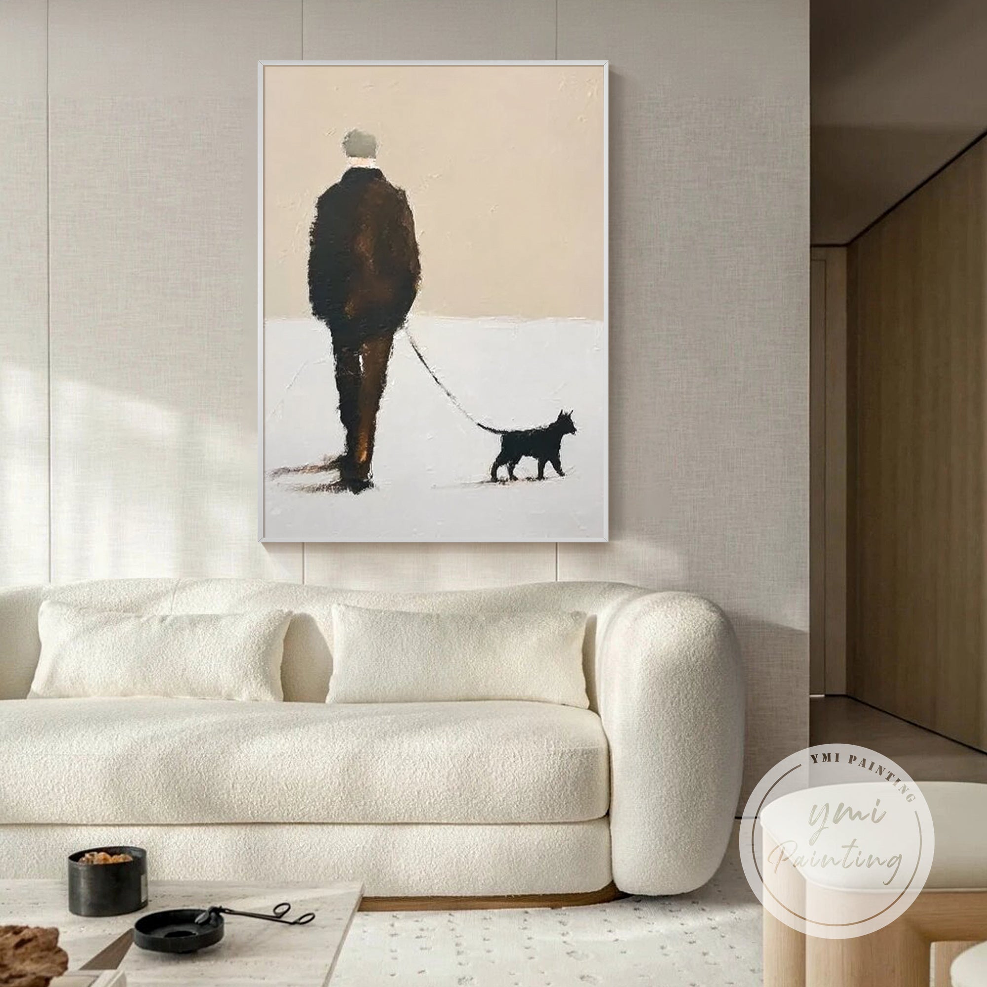 Contemporary wall art for lounge space featuring person walking a dog.