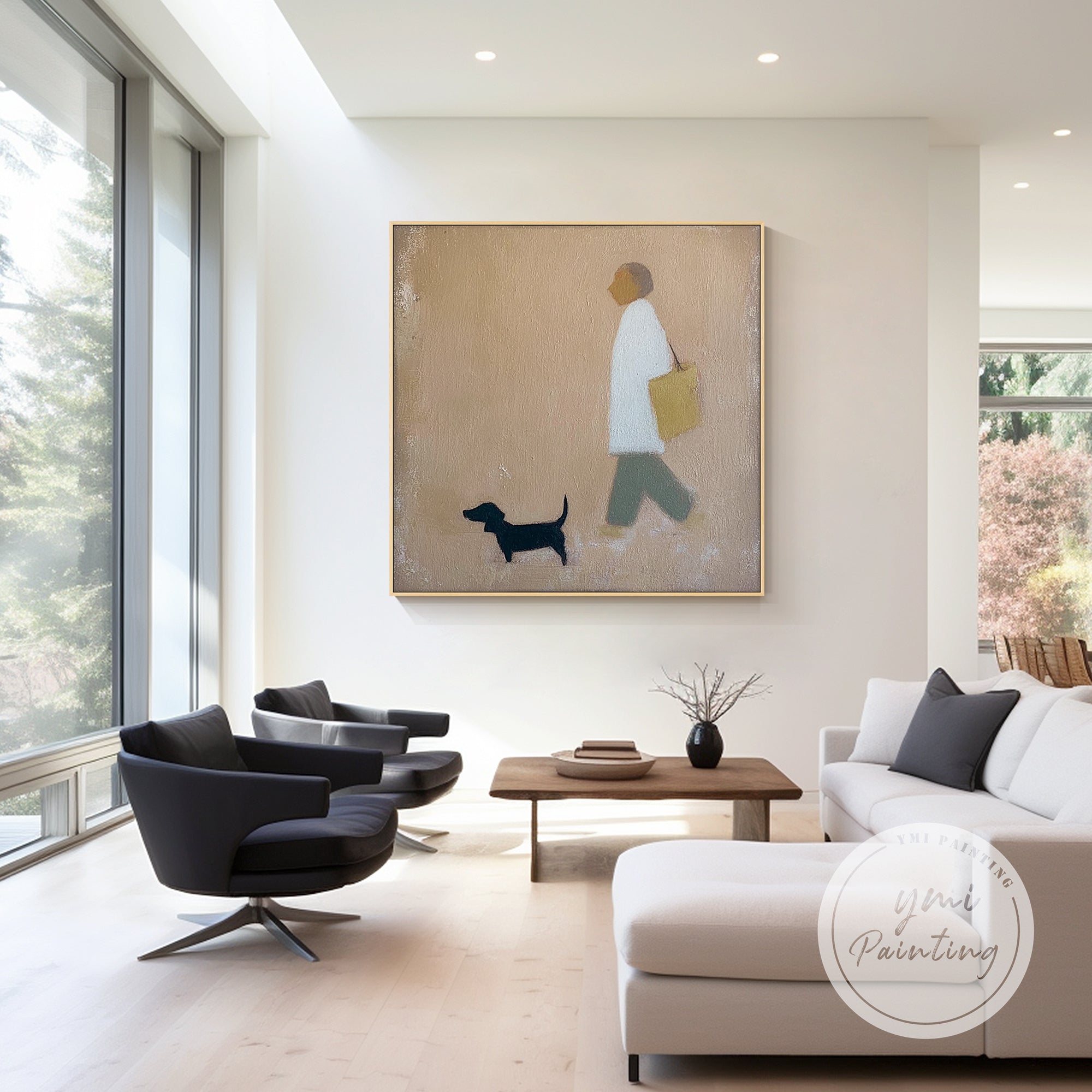 neutral minimalist person walking dog wall art on plain white wall