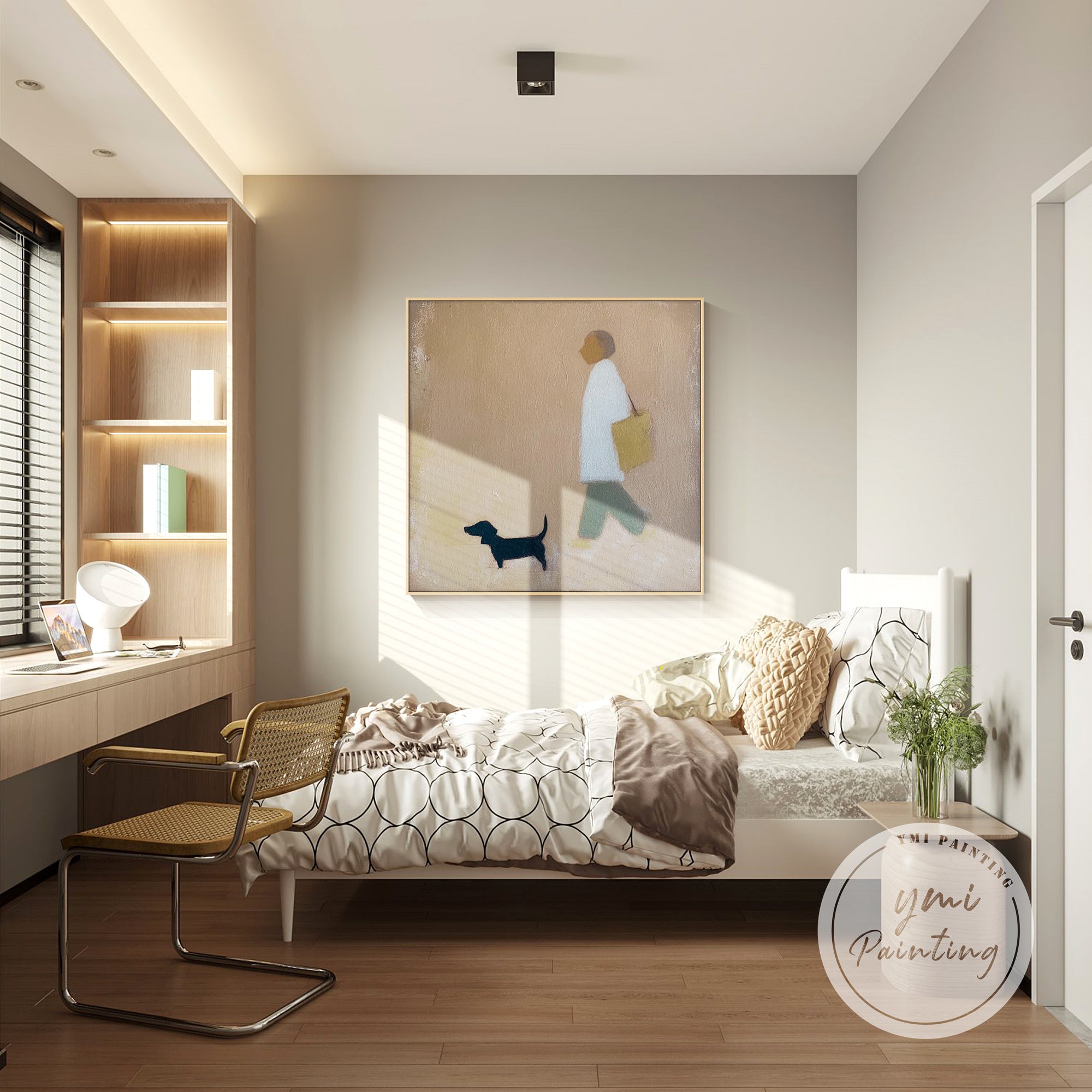 modern minimalist dog walking painting decorating bedroom wall