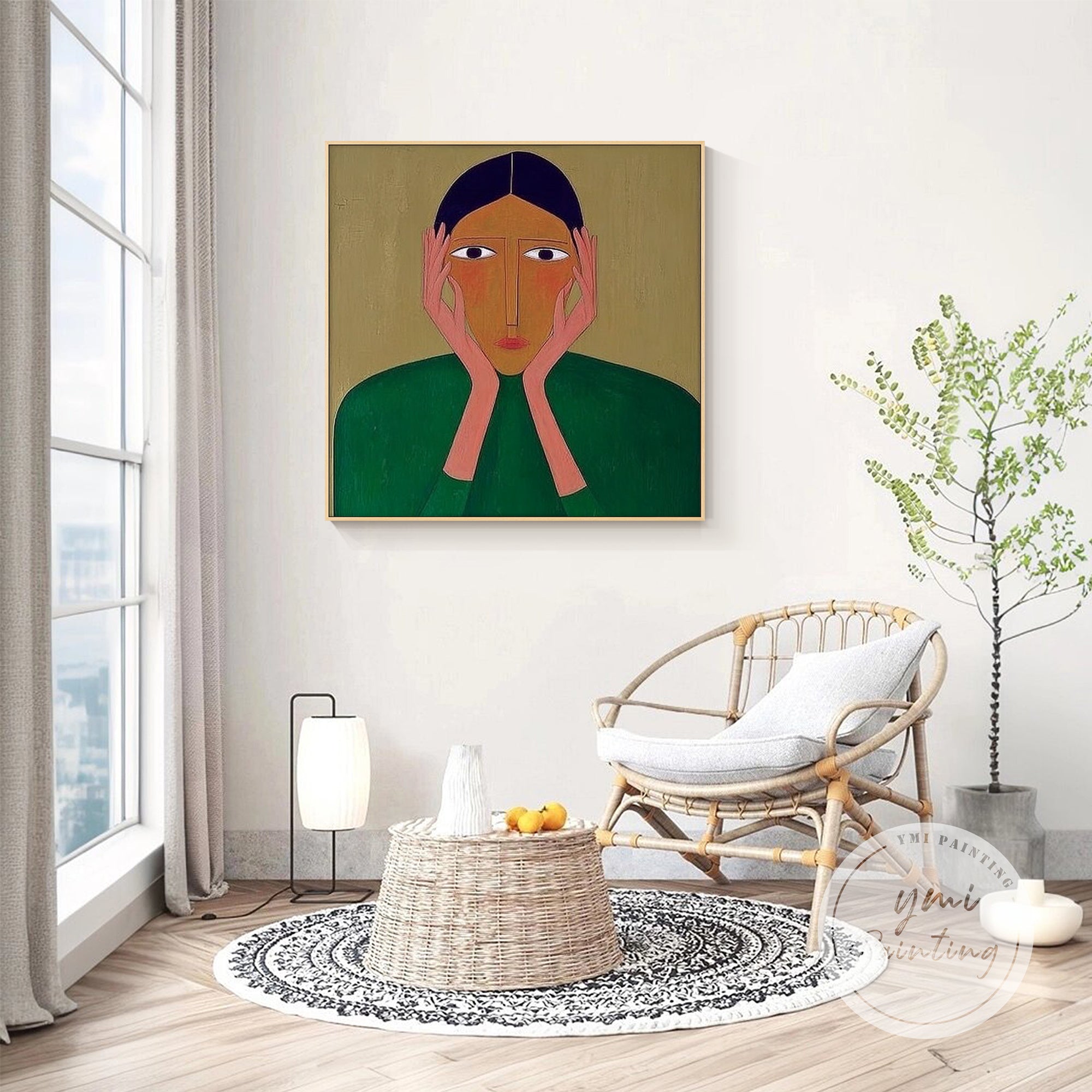 modern abstract woman face wall art above sofa in living room