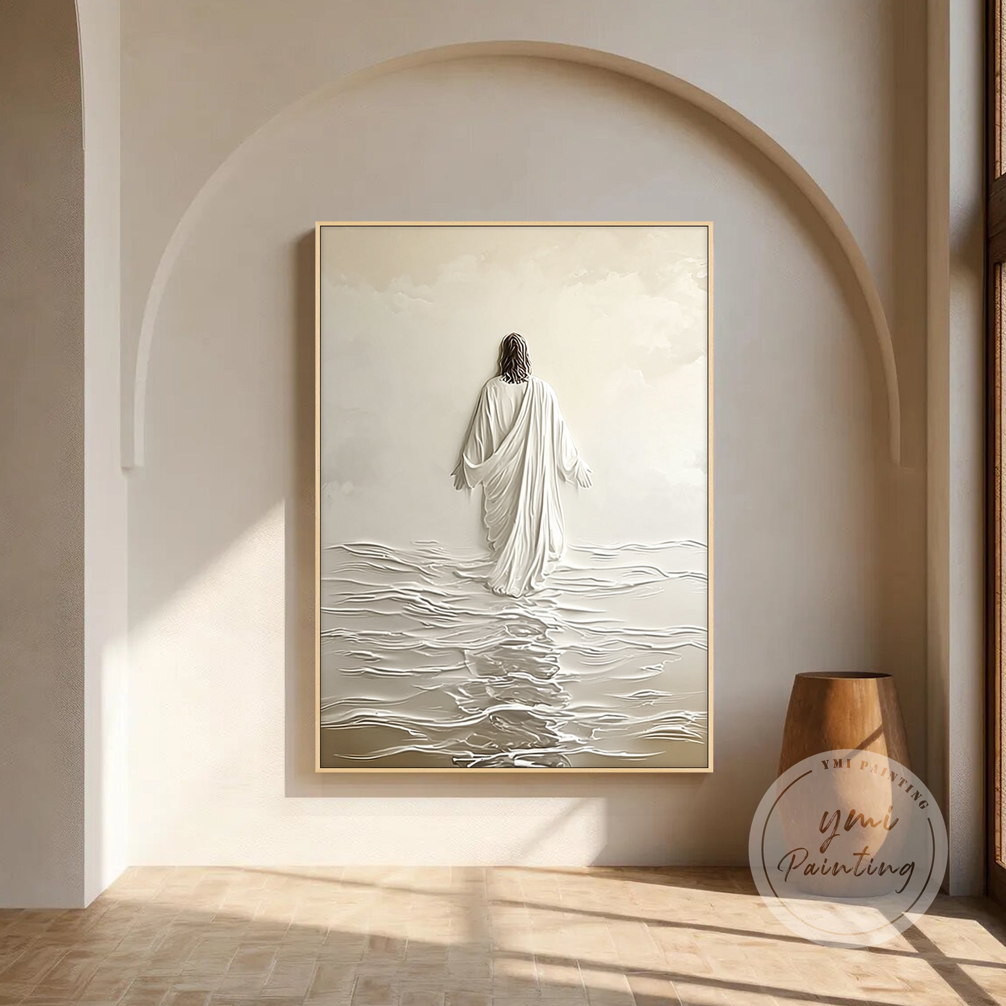 modern minimalist Jesus painting with 3D texture effect
