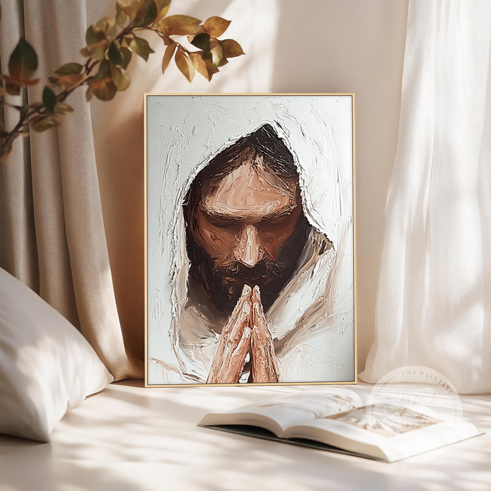 modern Jesus praying painting neutral tone artwork