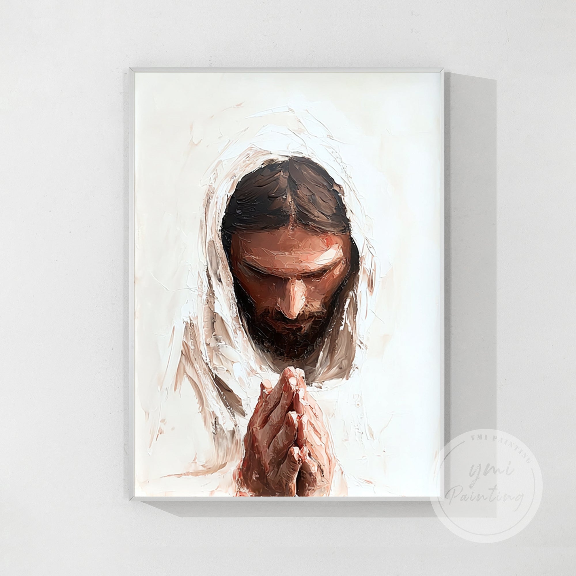 Religious Jesus praying wall art placed in a contemporary dining room.