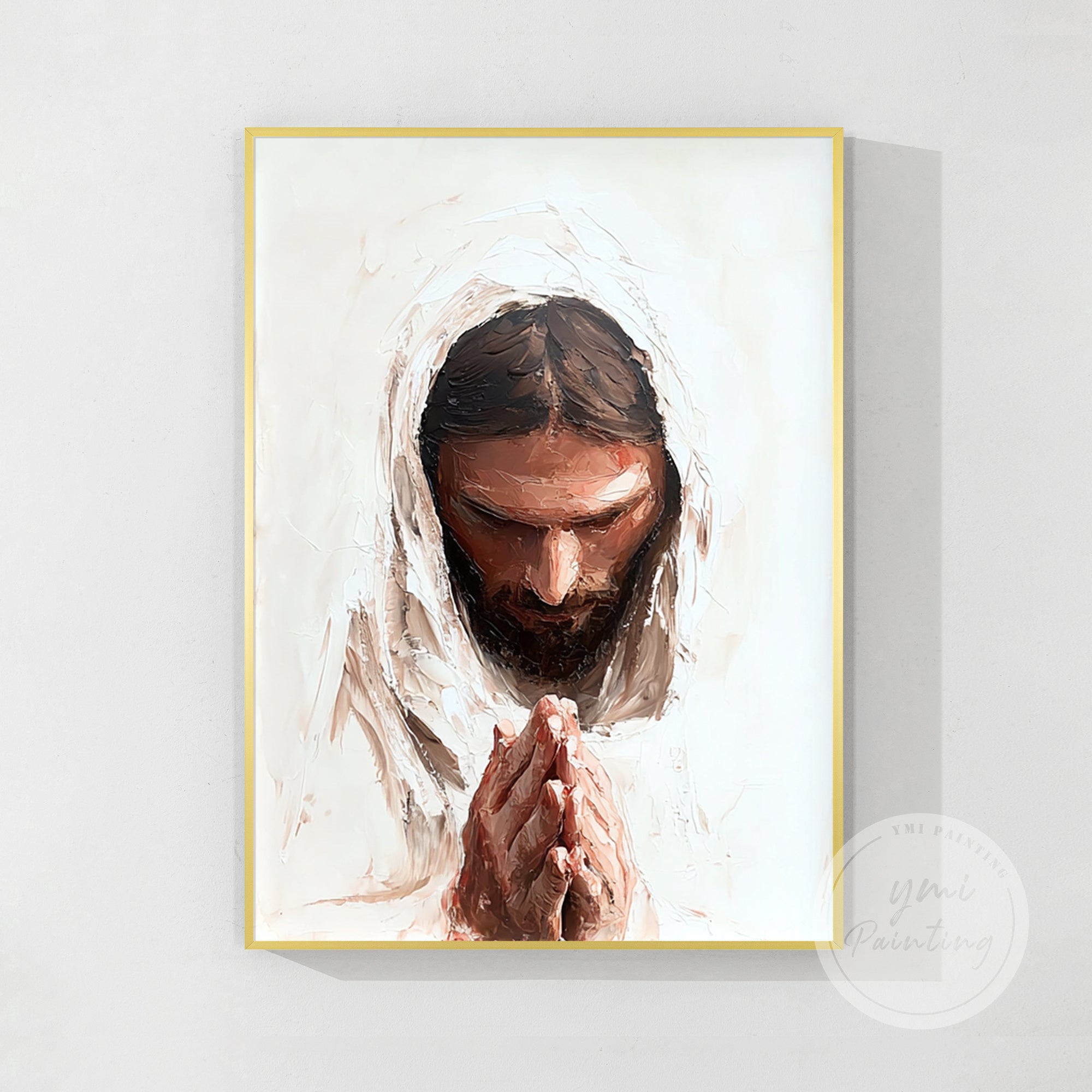 Abstract Jesus Christ portrait artwork isolated on white wall background.