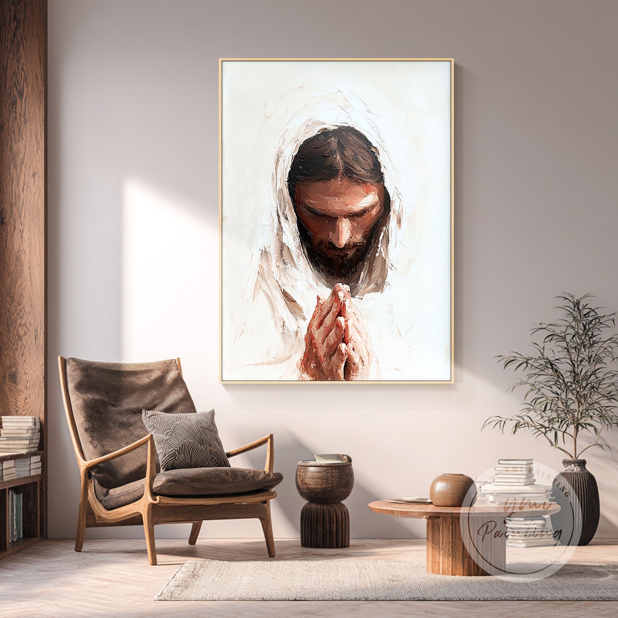 Spiritual Jesus canvas painting on minimalist white wall backdrop.