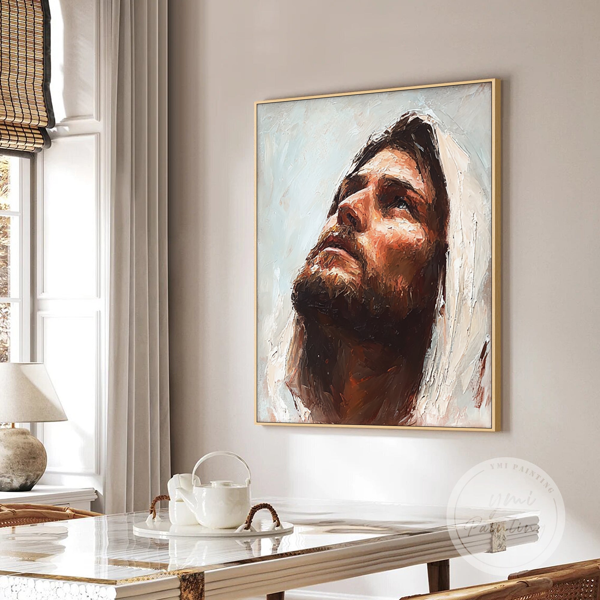 Spirituelt portrettmaleri av Jesus i moderne spisestue.