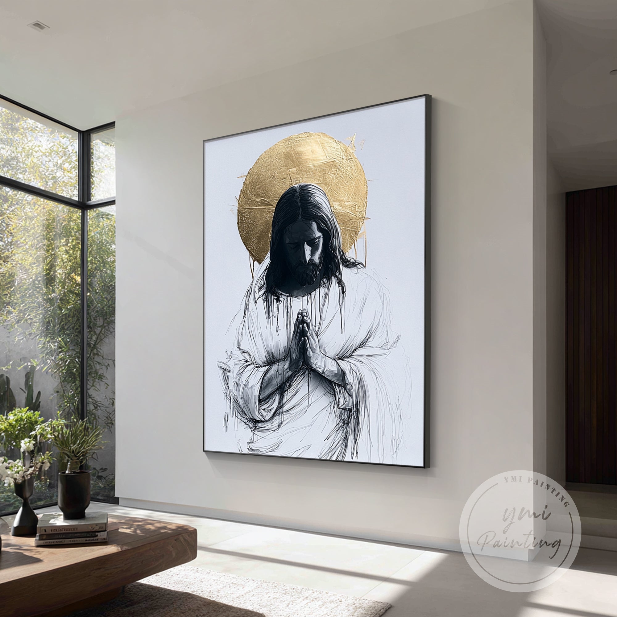 large religious wall art in modern living room with sofa