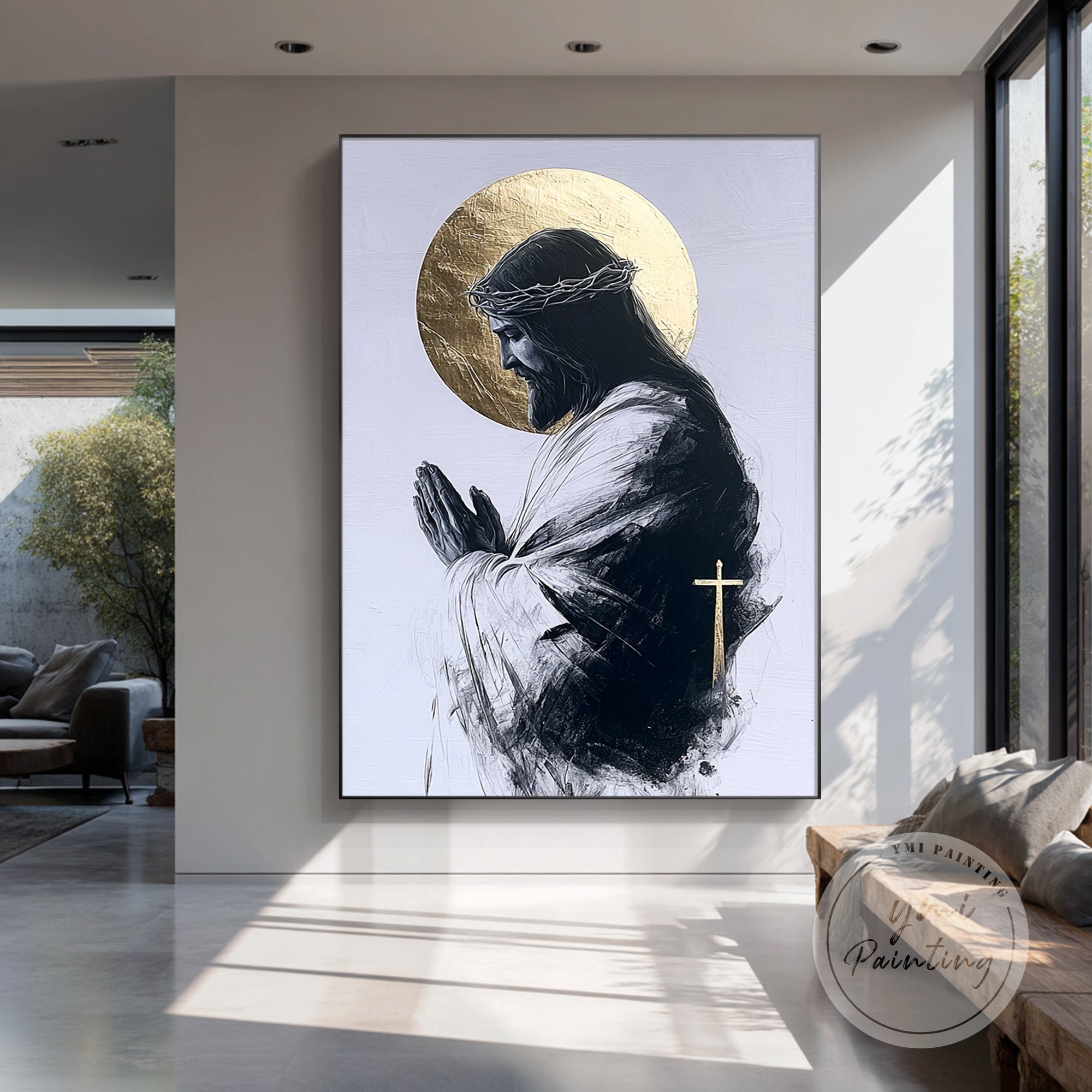 large jesus wall art in stylish living room space