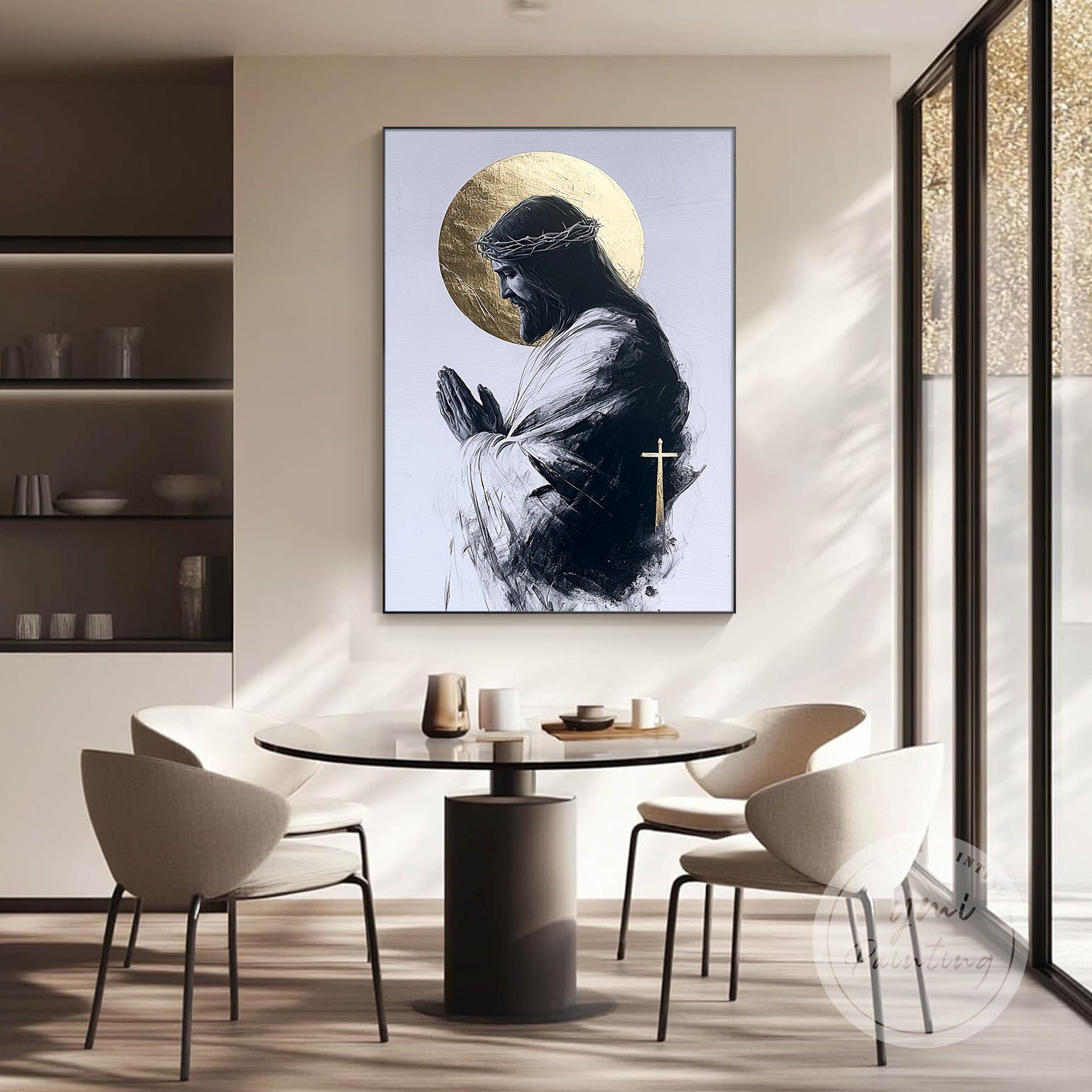 minimalist black white jesus painting on clean white wall