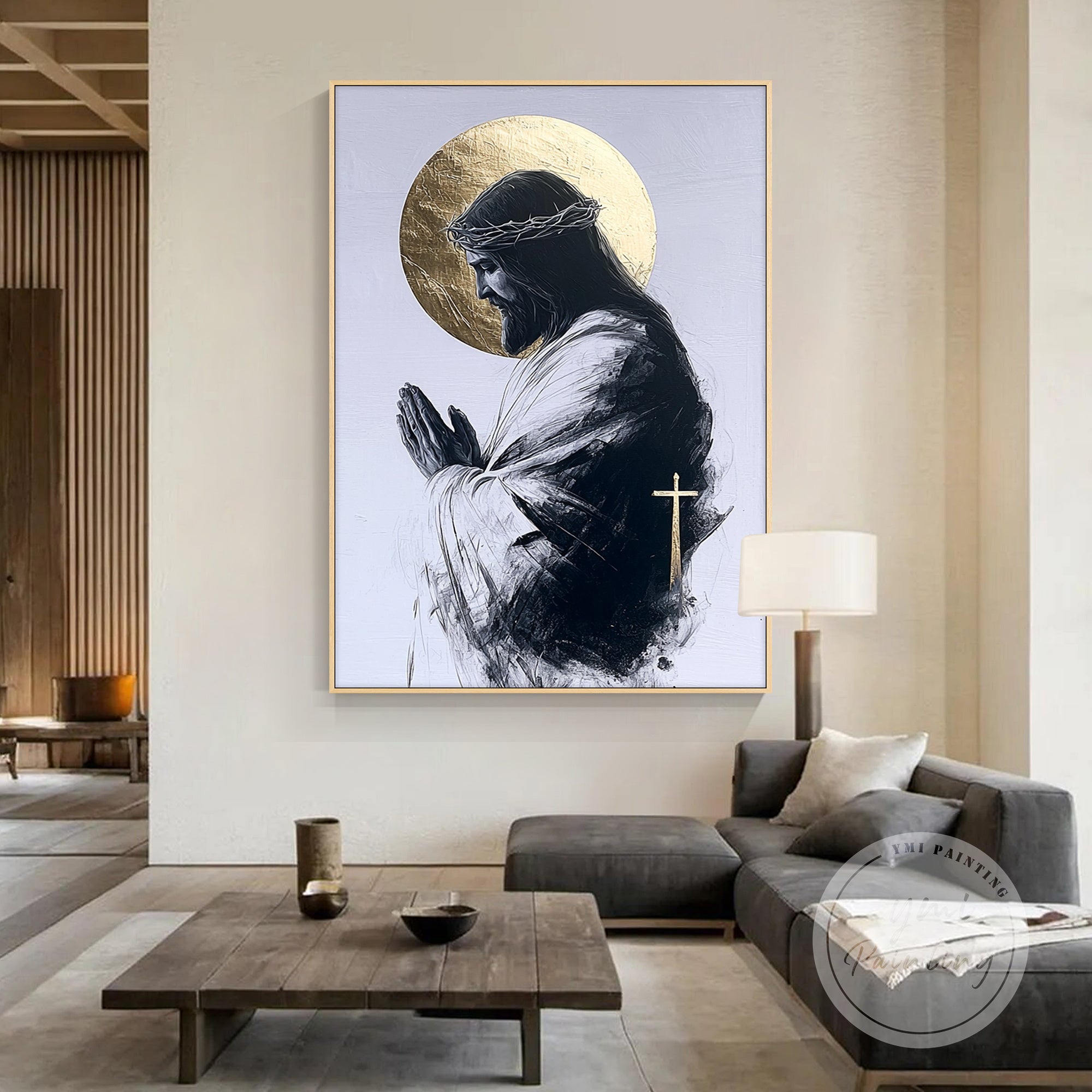christian canvas art displayed in modern living room
