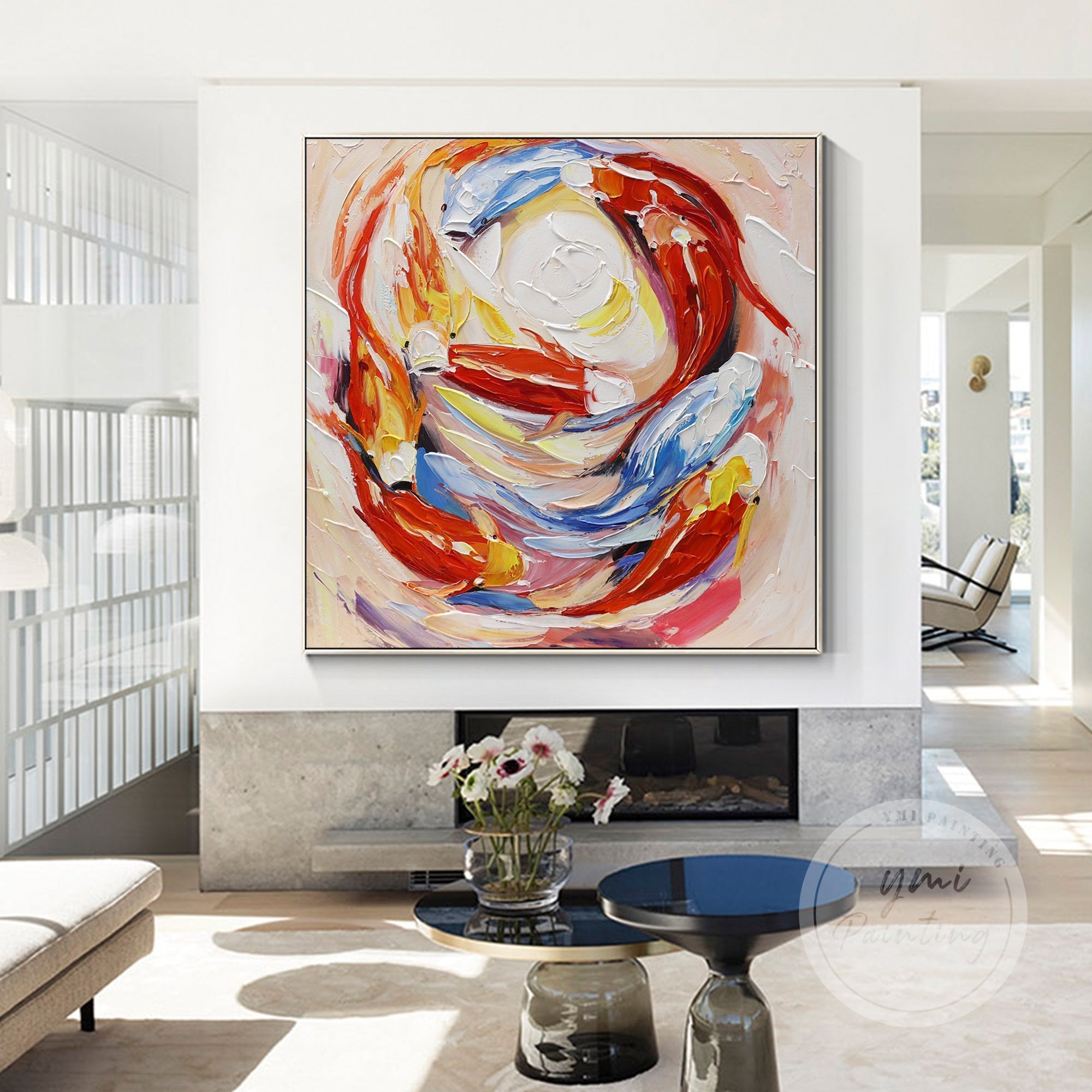 Large Red 9 Koi Zen Fish Painting with vibrant hues and intricate textures, symbolizing prosperity, strength, and perseverance, perfect for bringing harmony and success into your space.