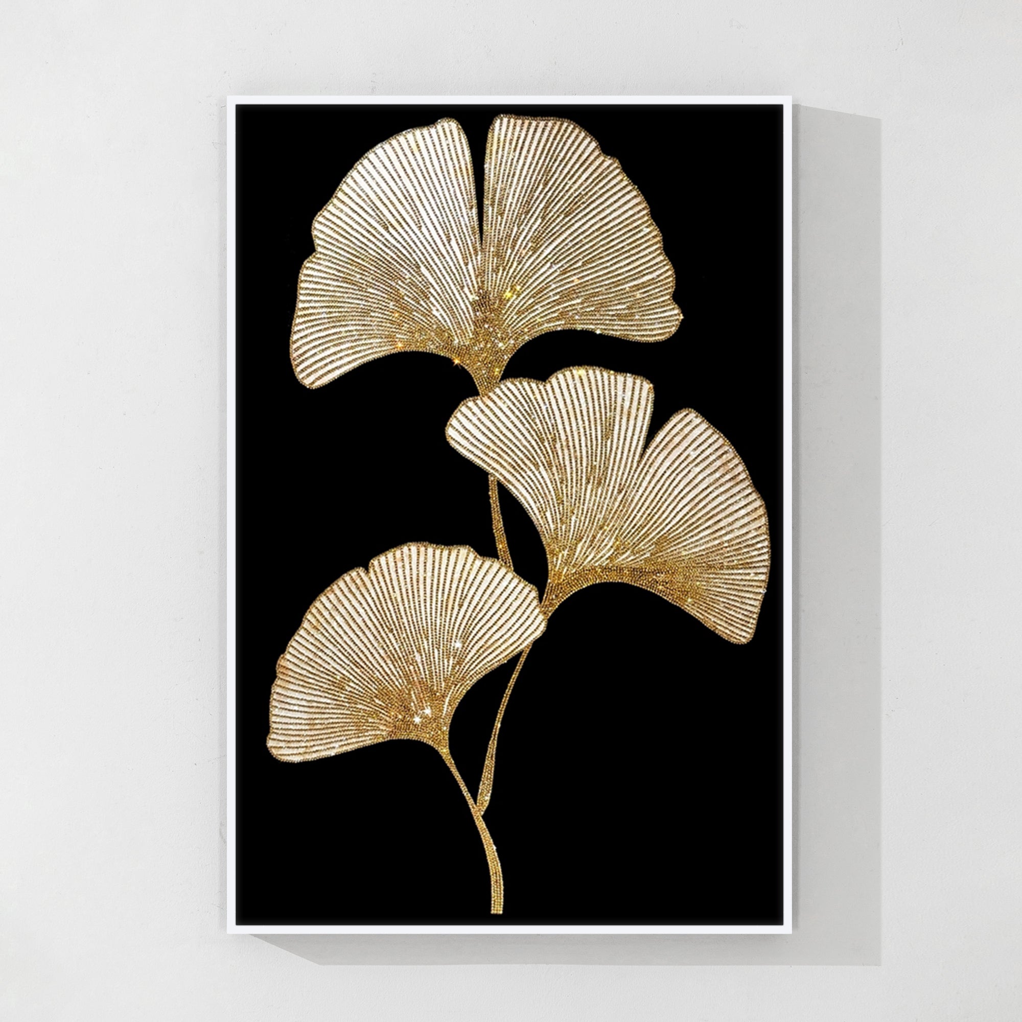 Ginkgo gold rhinestone art with sparkling crystals, perfect for luxurious wall decor and modern interiors.