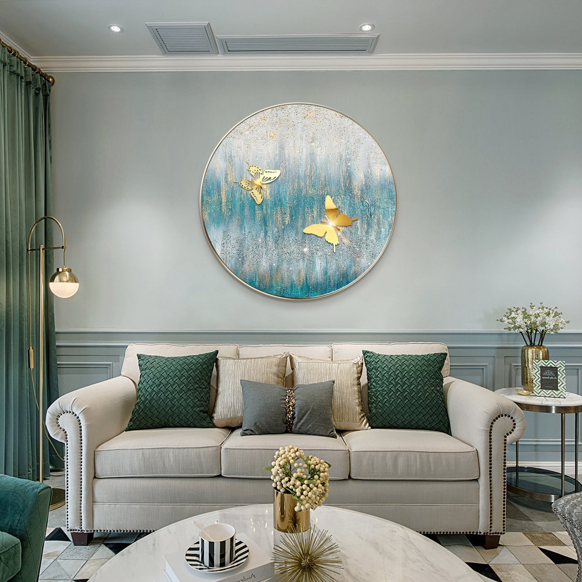 Round textured glitter art with metallic butterfly details