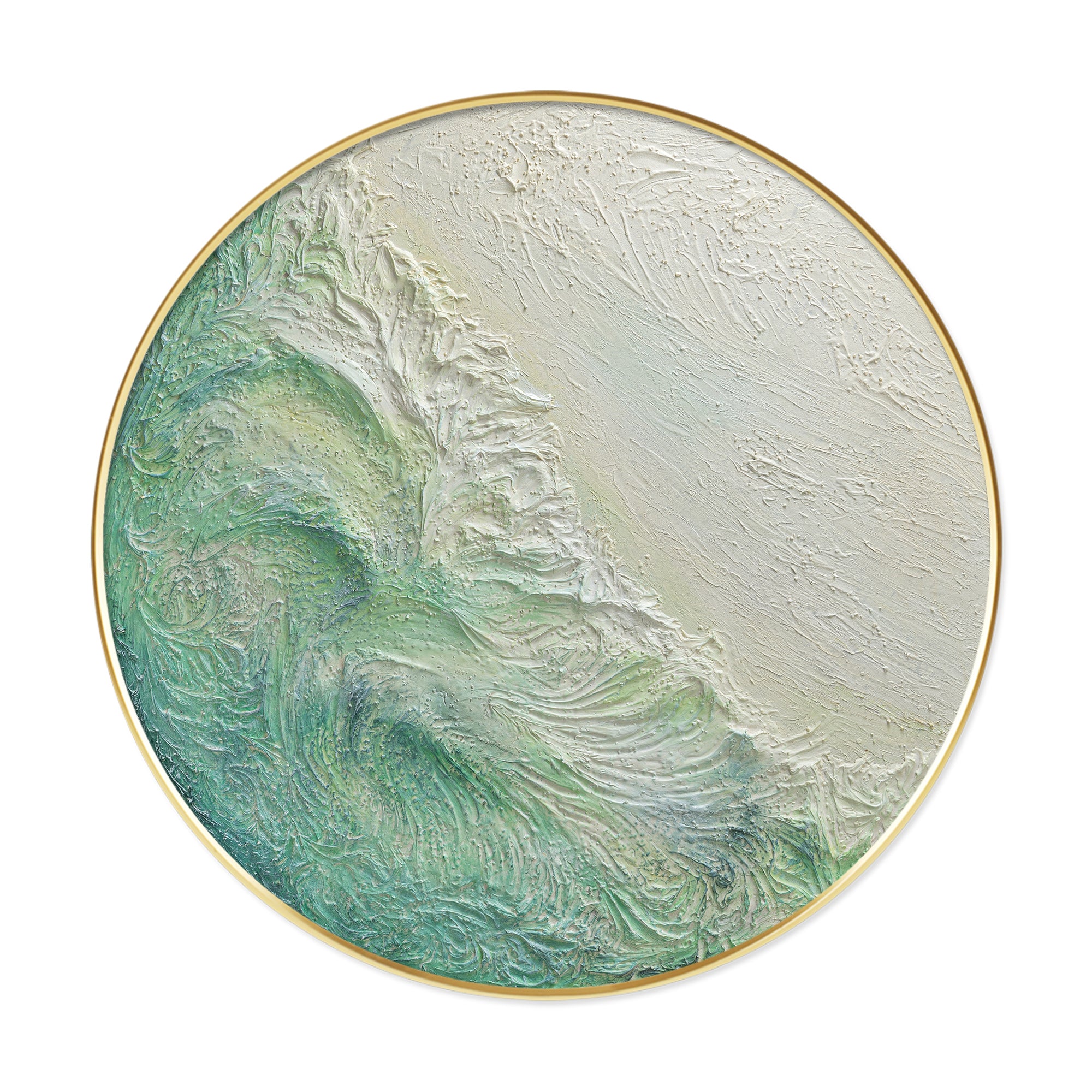Abstract round oil painting with gentle blue transitions and textured depth in gold frame