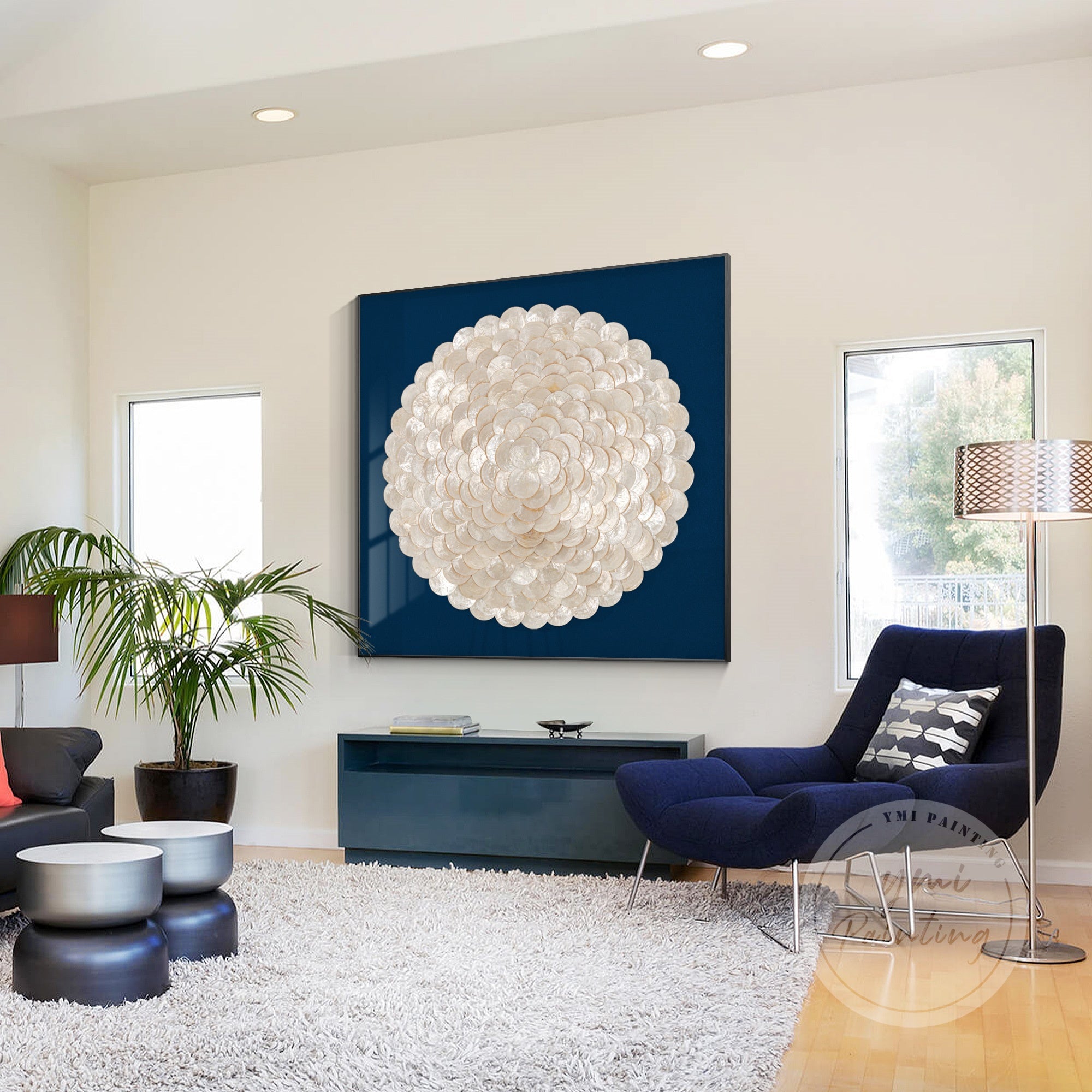 Round seashell design art with contrasting blue