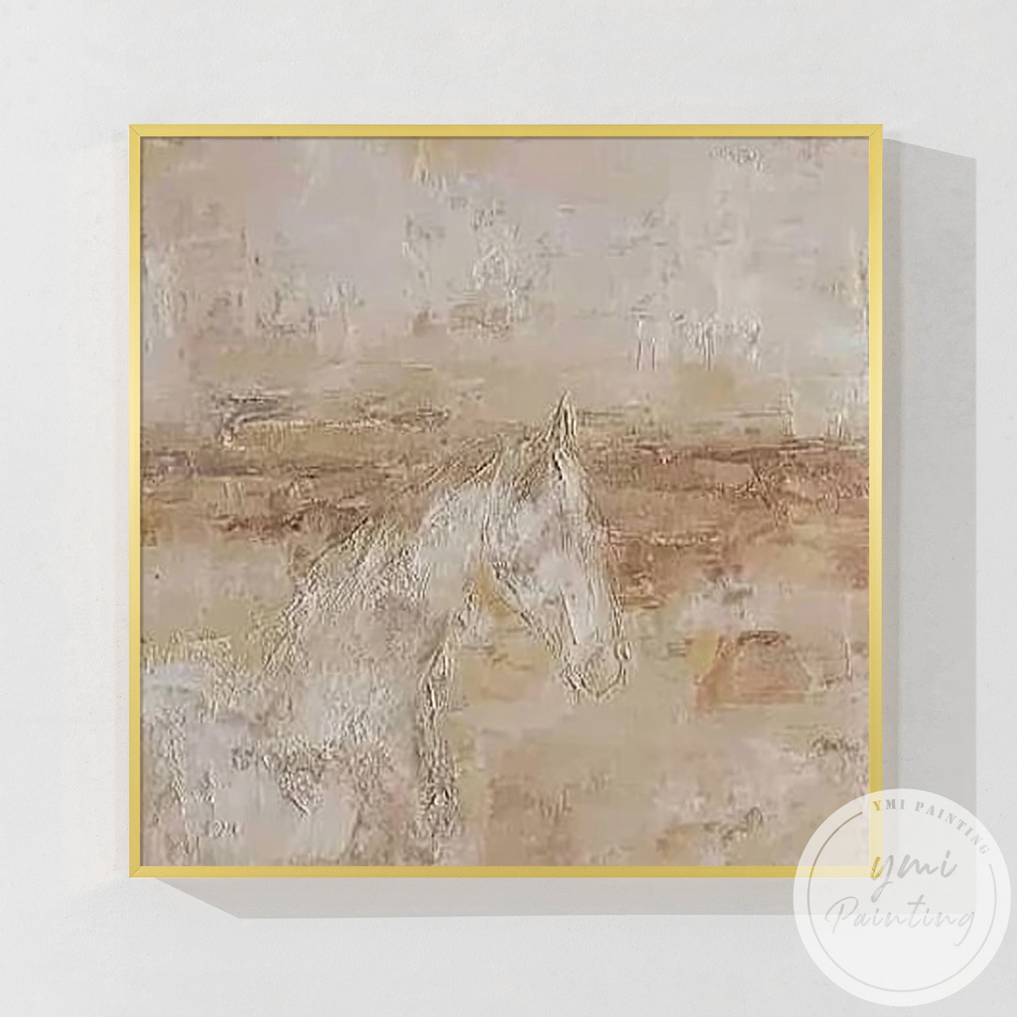 Abstract horse canvas wall art displayed above modern neutral living room sofa