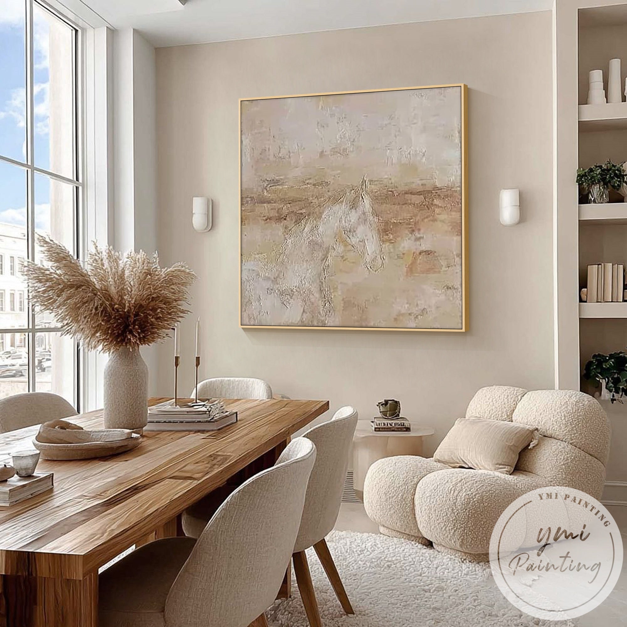 Large horse artwork above sectional sofa in contemporary living room decor