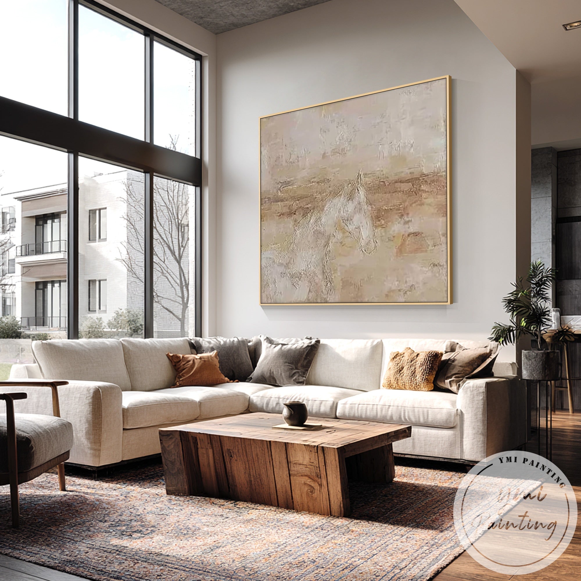 Minimalist equine canvas art in elegant modern apartment living room interior